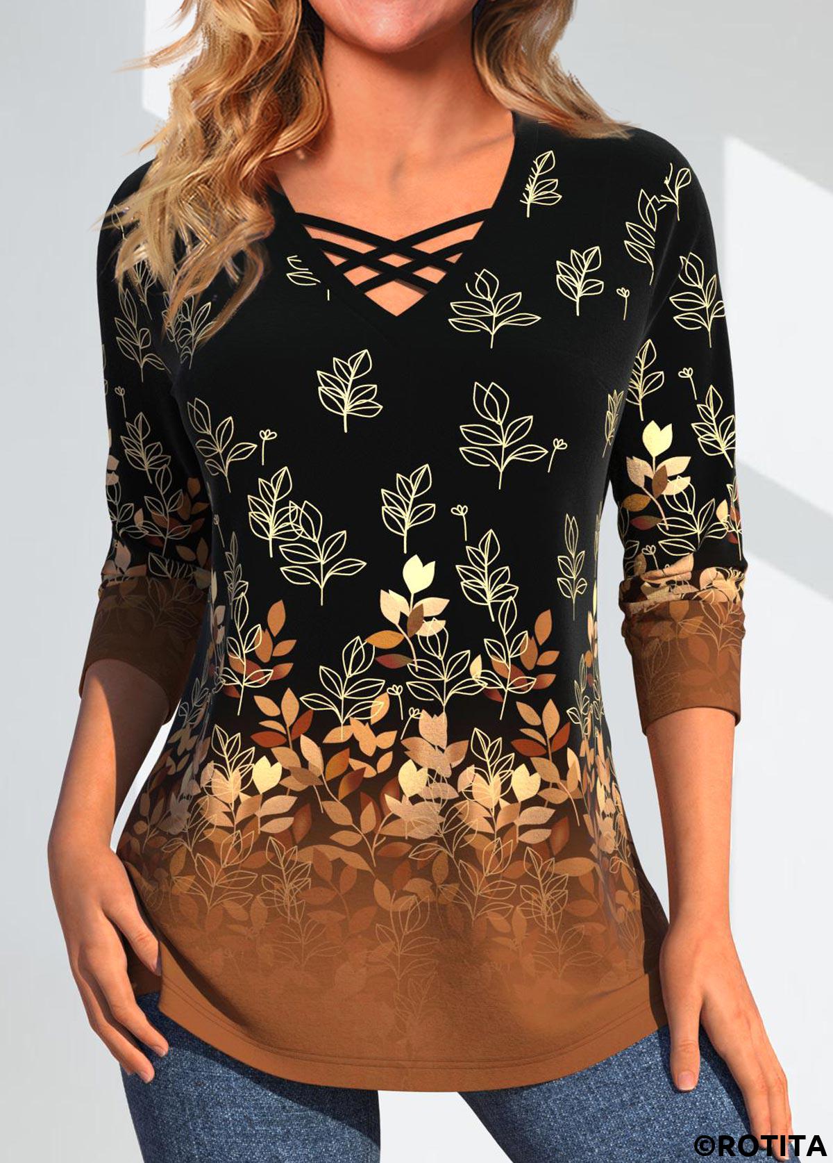 Dark Camel plus size,Black plus size,Plants plus size,Floral plus size,Ombre plus size,ROTITA Plus Size Criss Cross Dark Camel T Shirt