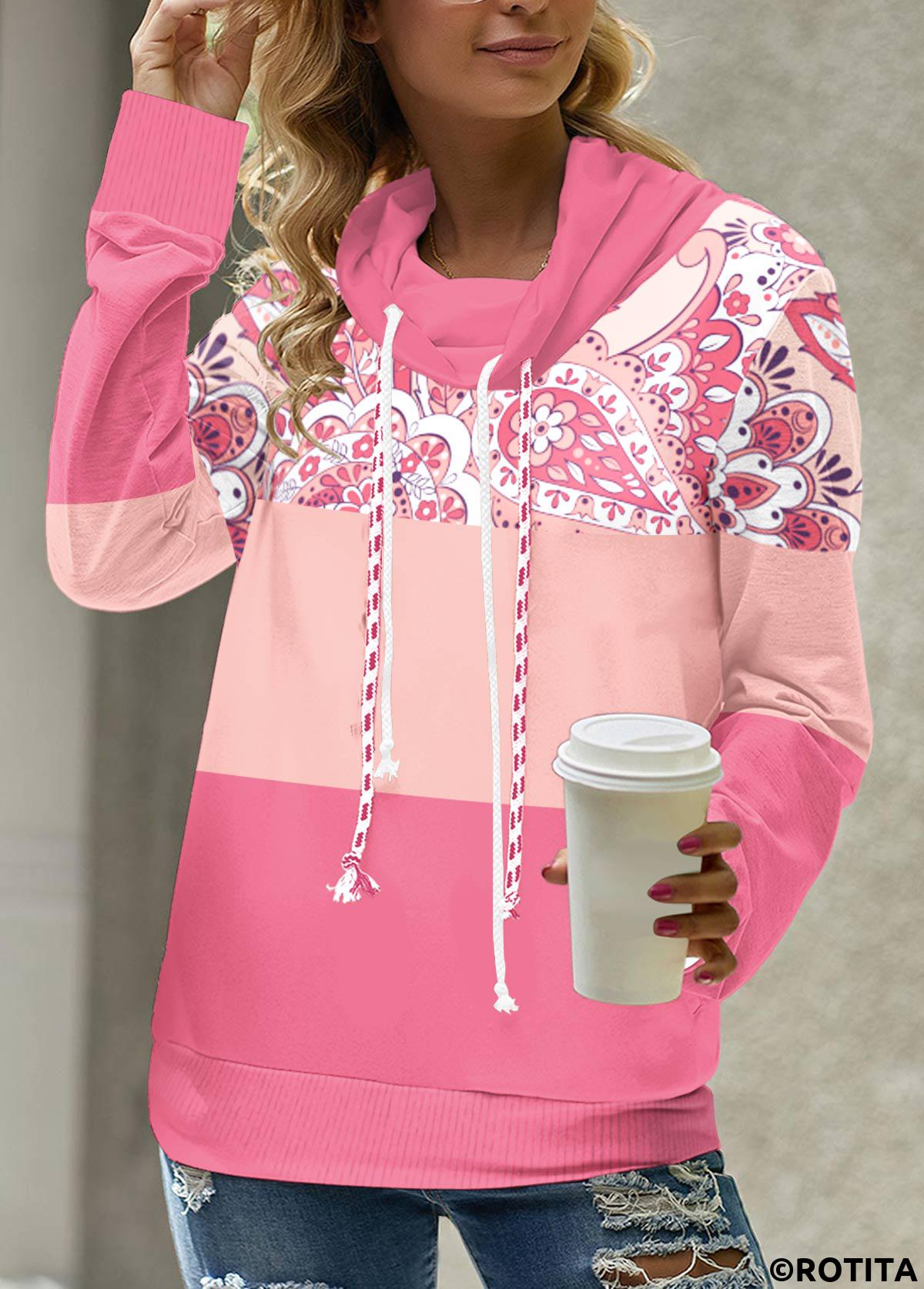 Pink tops,Paisley tops,Floral tops,Plants tops,ROTITA Patchwork Tribal Print Pink Cowl Neck Sweatshirt