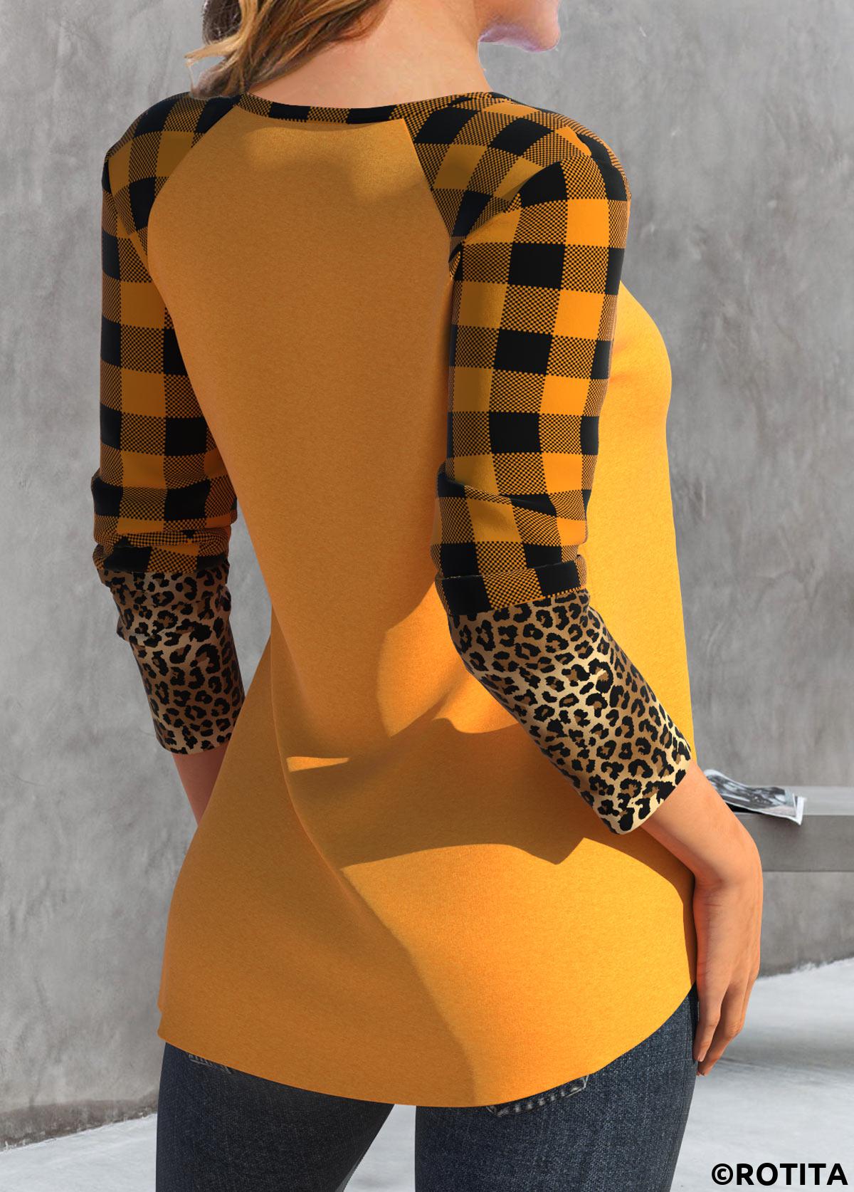 Orange tops,Halloween tops,Plaid tops,Leopard tops,Geometric tops,ROTITA Patchwork Halloween Print Orange Round Neck T Shirt