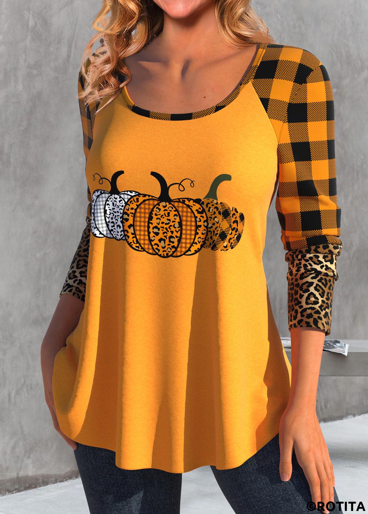 Orange tops,Halloween tops,Plaid tops,Leopard tops,Geometric tops,ROTITA Patchwork Halloween Print Orange Round Neck T Shirt