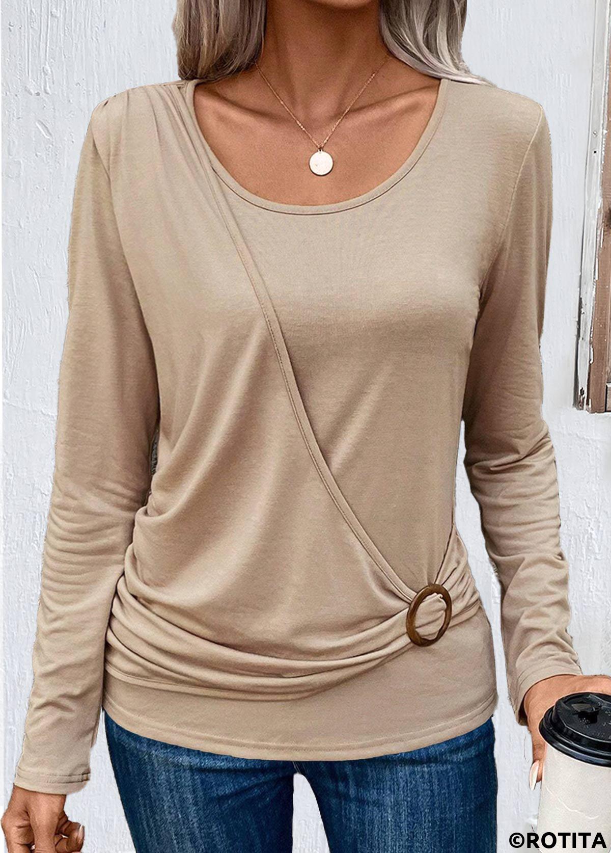 ROTITA Layered Light Coffee Round Neck T Shirt