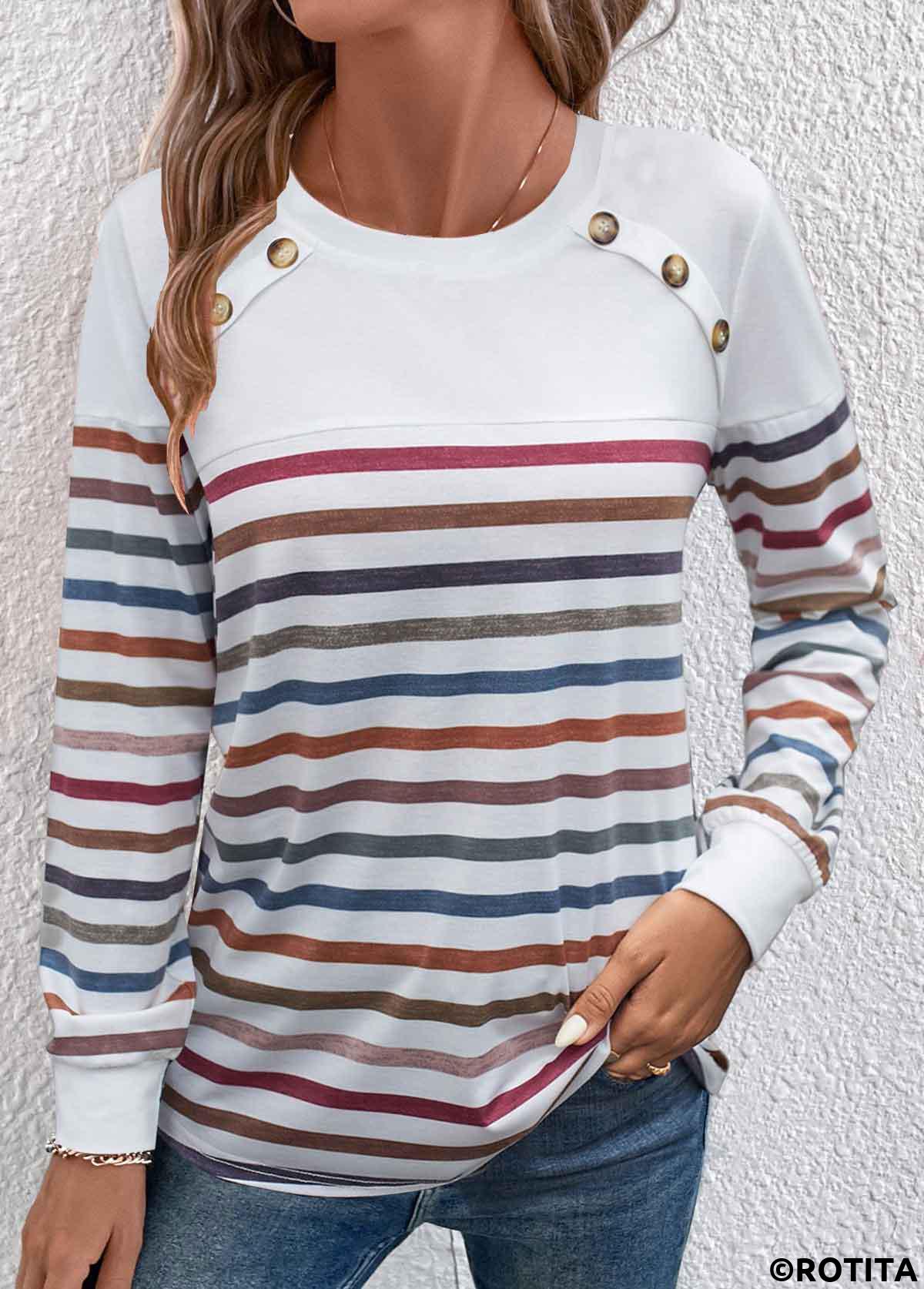 White tops,Rainbow Color tops,Striped tops,Geometric tops,ROTITA Patchwork Striped White Round Neck T Shirt