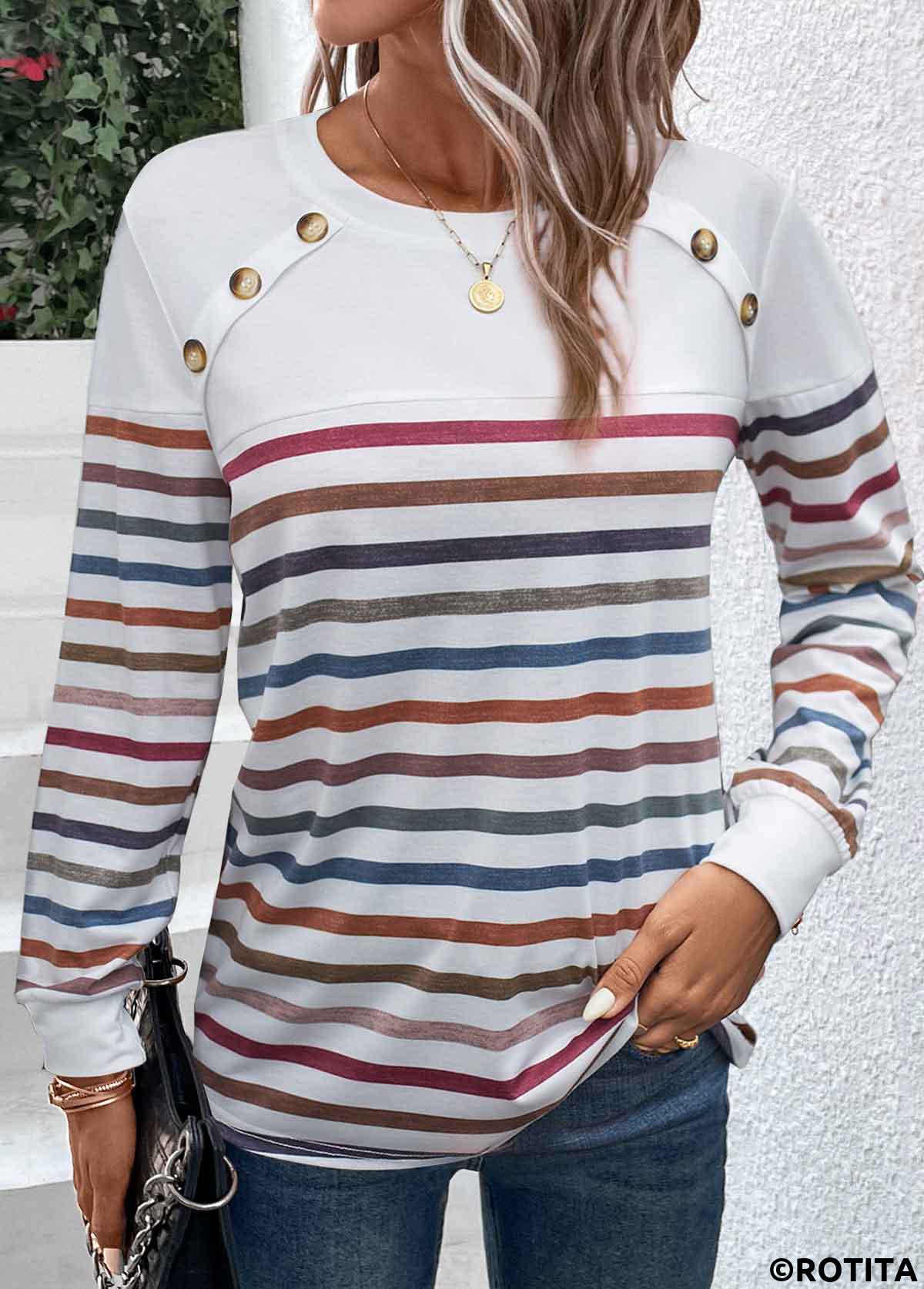 White tops,Rainbow Color tops,Striped tops,Geometric tops,ROTITA Patchwork Striped White Round Neck T Shirt