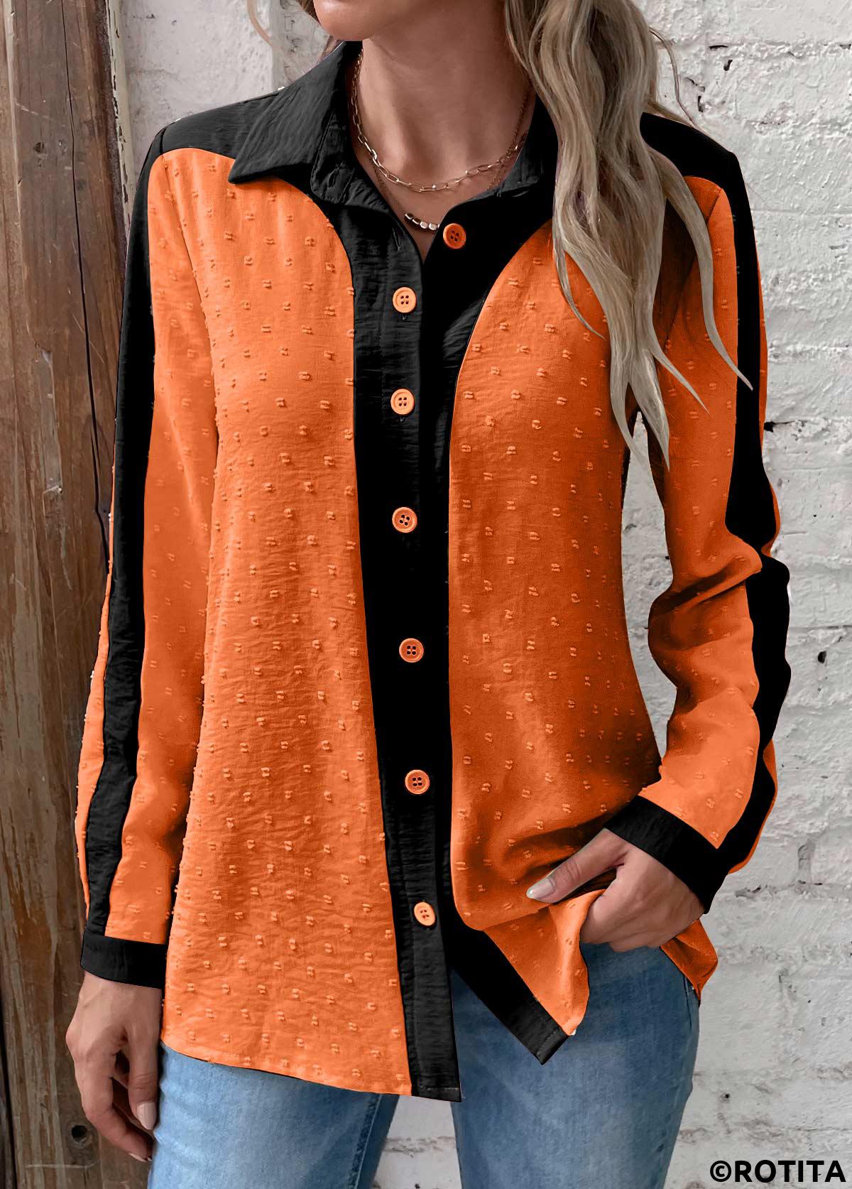 chemisier rotita patchwork orange col chemise manches longues