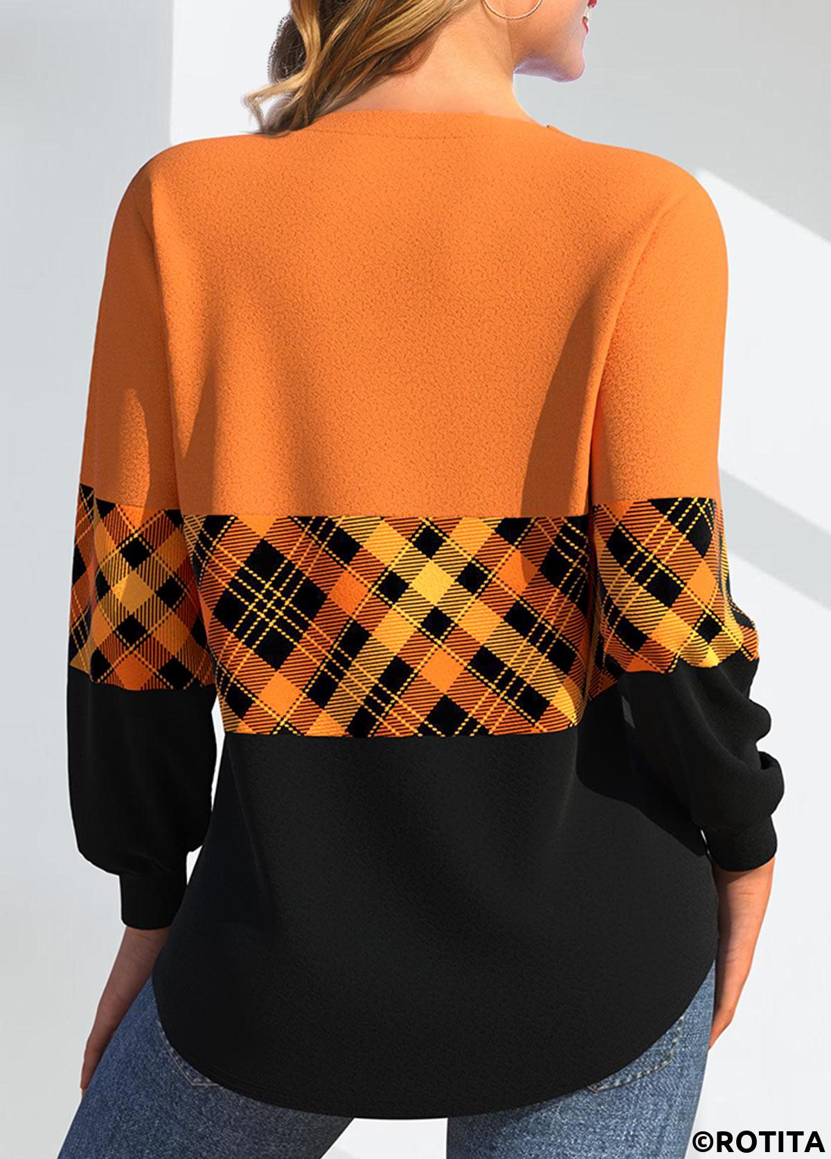 Orange tops,Black tops,Plaid tops,Geometric tops,Striped tops,ROTITA Patchwork Plaid Orange V Neck Long Sleeve Sweatshirt