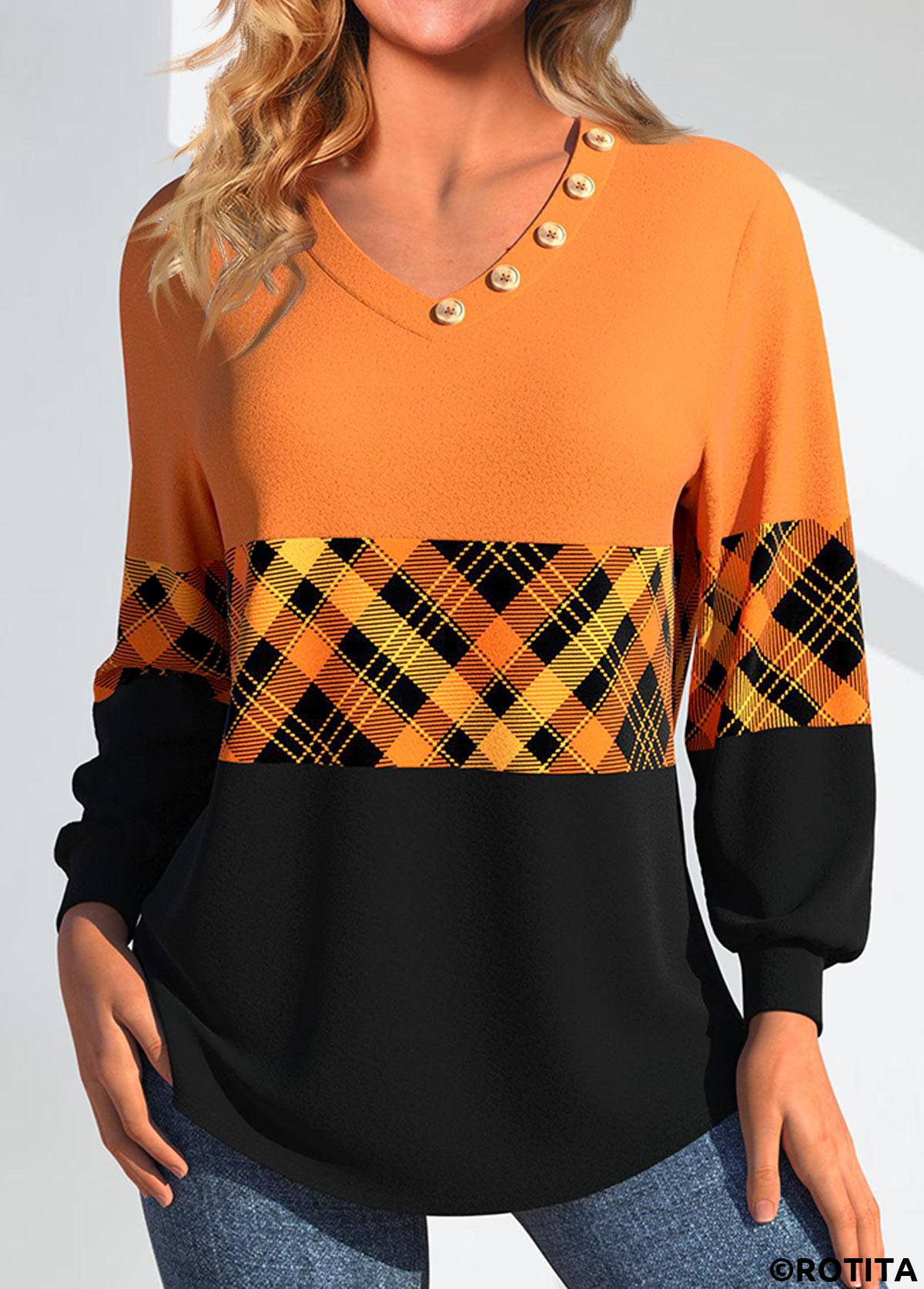 Orange tops,Black tops,Plaid tops,Geometric tops,Striped tops,ROTITA Patchwork Plaid Orange V Neck Long Sleeve Sweatshirt