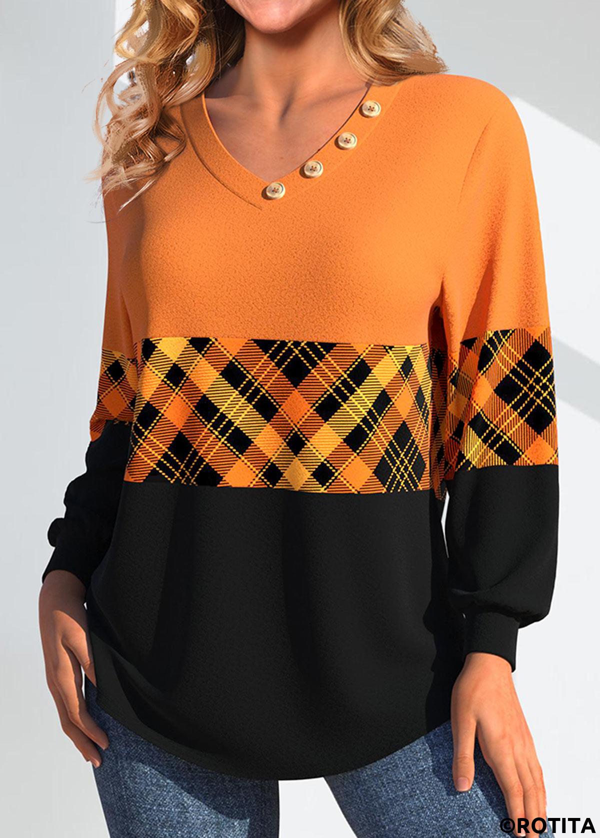 Orange tops,Black tops,Plaid tops,Geometric tops,Striped tops,ROTITA Patchwork Plaid Orange V Neck Long Sleeve Sweatshirt