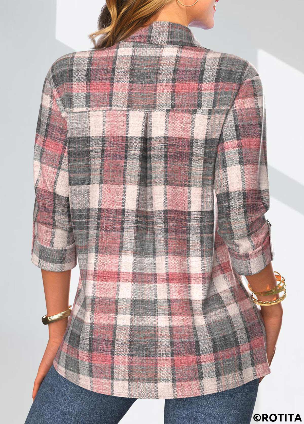 Coral tops,Plaid tops,Striped tops,Geometric tops,ROTITA Button Plaid Coral Shirt Collar 3/4 Sleeve Blouse