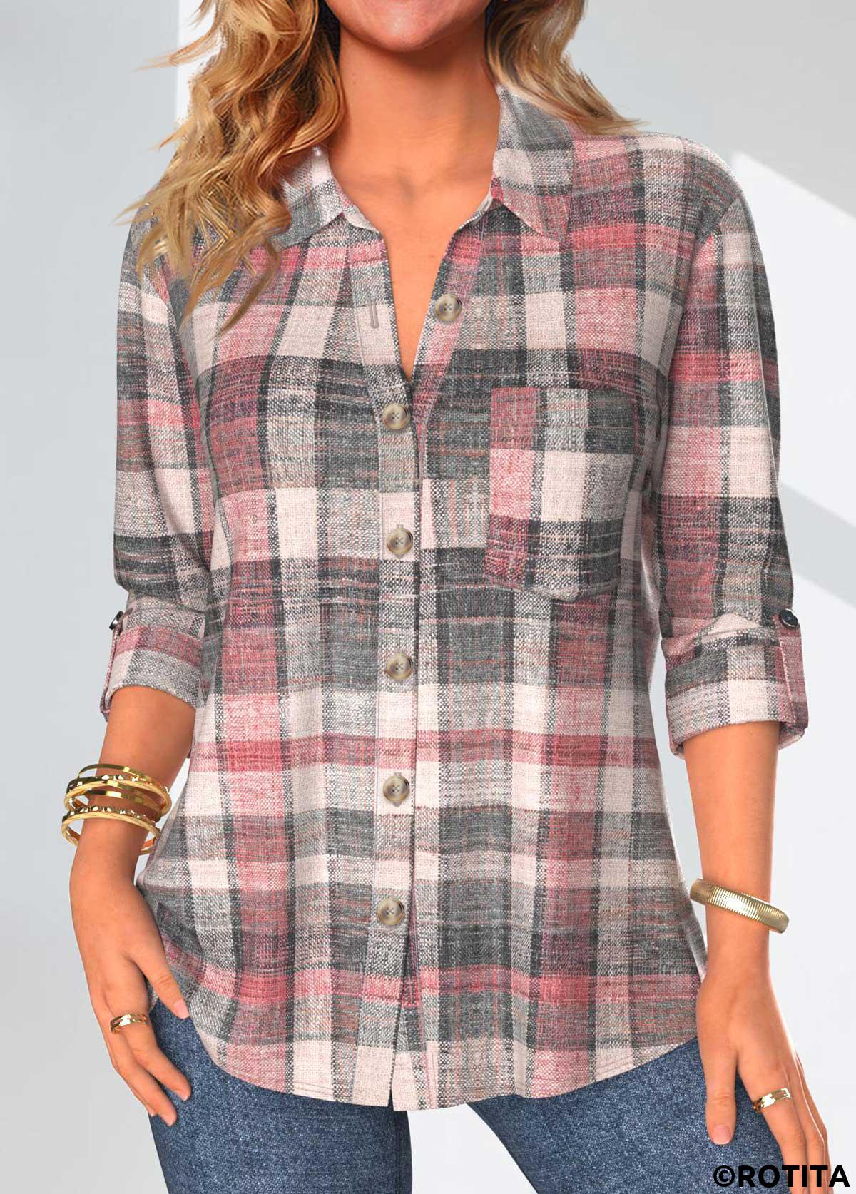 Coral tops,Plaid tops,Striped tops,Geometric tops,ROTITA Button Plaid Coral Shirt Collar 3/4 Sleeve Blouse