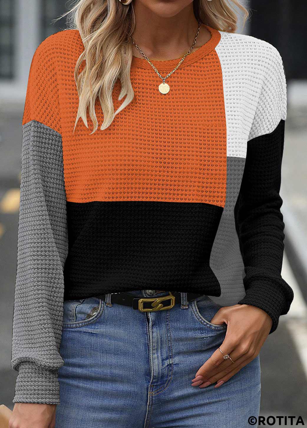 Multi Color tops,Contrast Color tops,ROTITA Patchwork Multi Color Round Neck Long Sleeve Sweatshirt