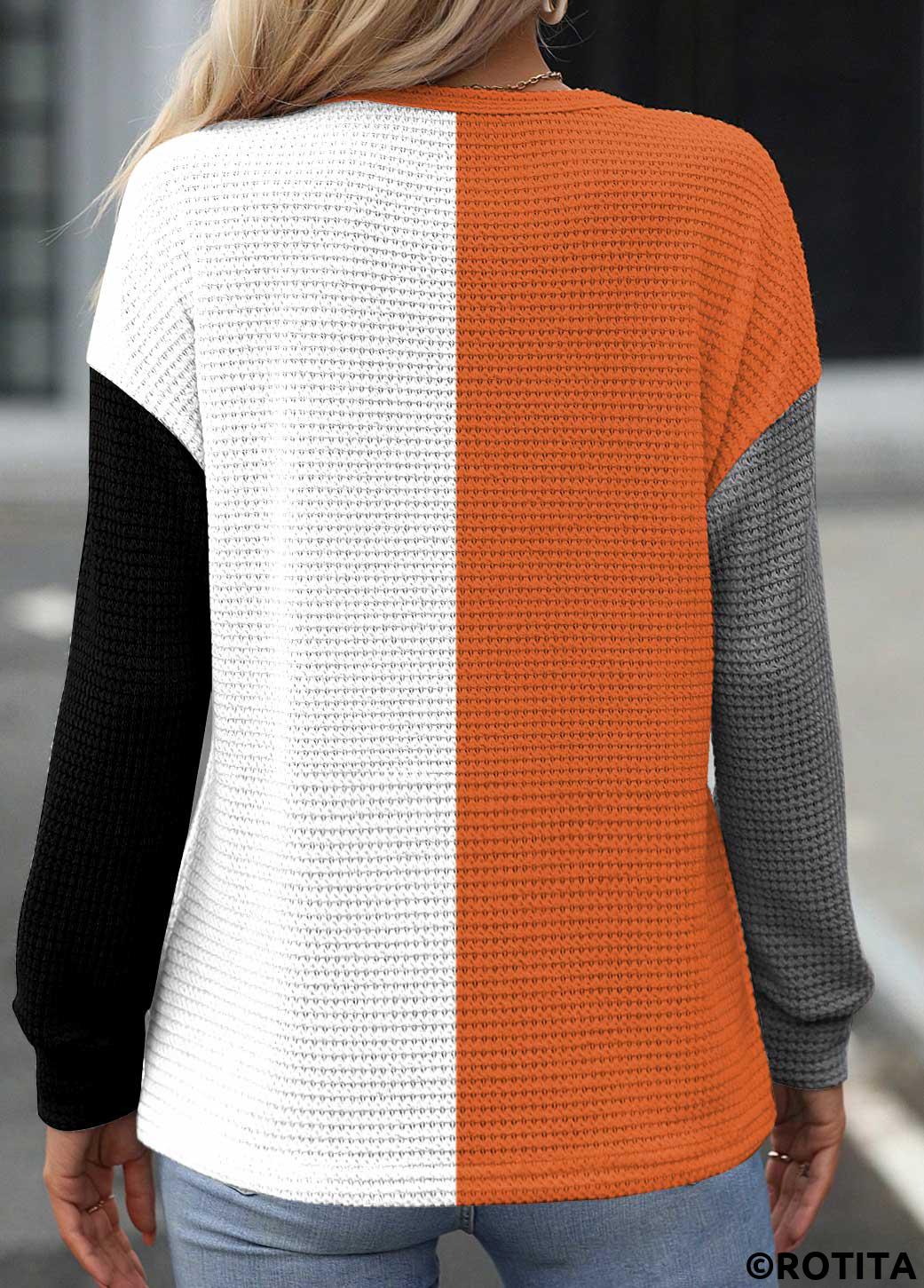 Multi Color tops,Contrast Color tops,ROTITA Patchwork Multi Color Round Neck Long Sleeve Sweatshirt