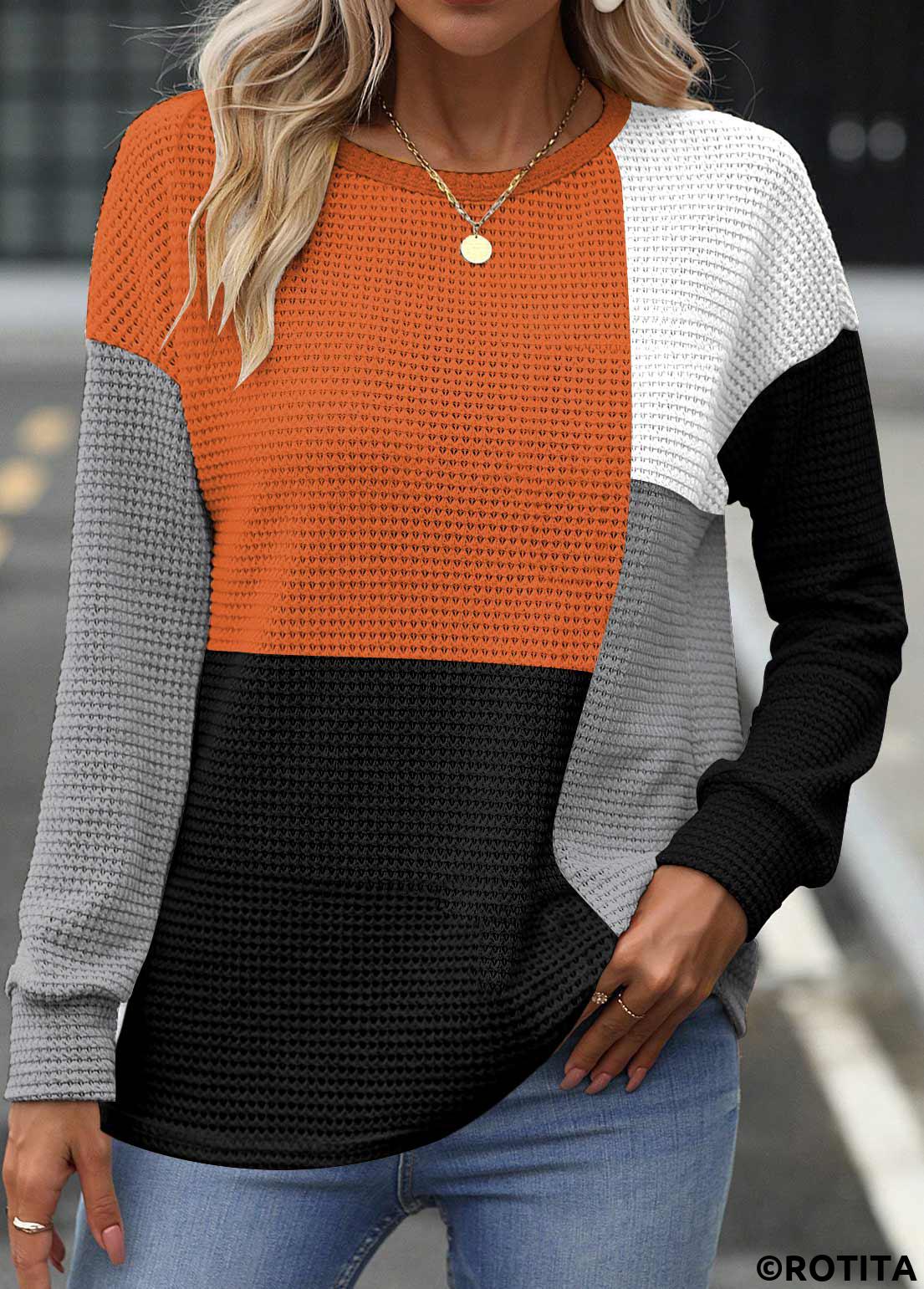 Multi Color tops,Contrast Color tops,ROTITA Patchwork Multi Color Round Neck Long Sleeve Sweatshirt