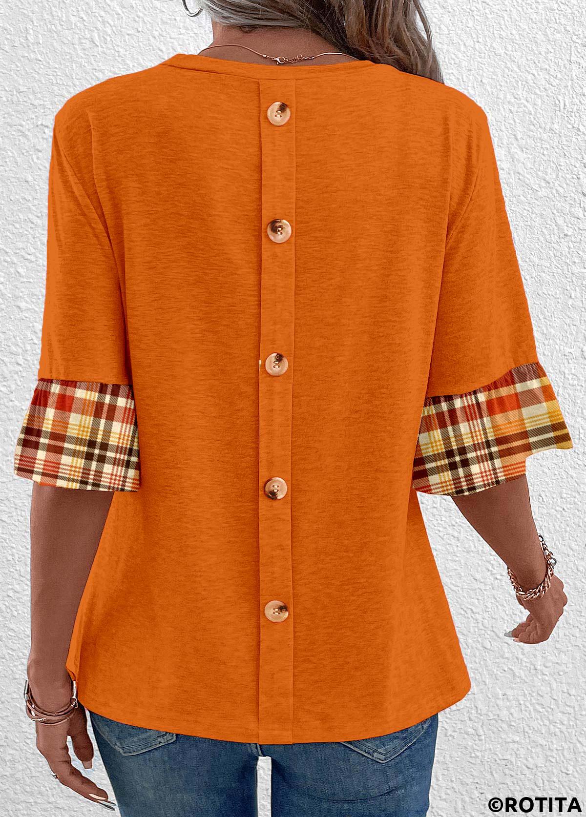 Orange tops,Plaid tops,Geometric tops,Striped tops,ROTITA Patchwork Plaid Orange Round Neck T Shirt