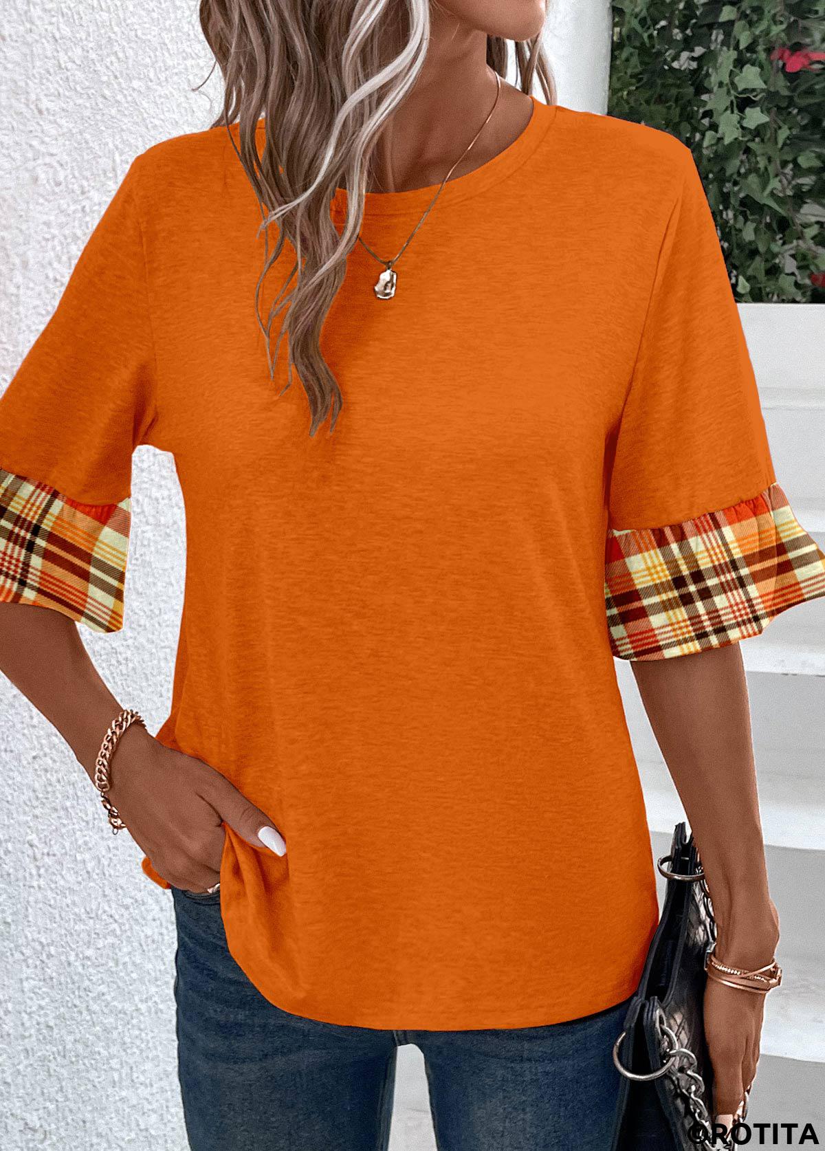 Orange tops,Plaid tops,Geometric tops,Striped tops,ROTITA Patchwork Plaid Orange Round Neck T Shirt