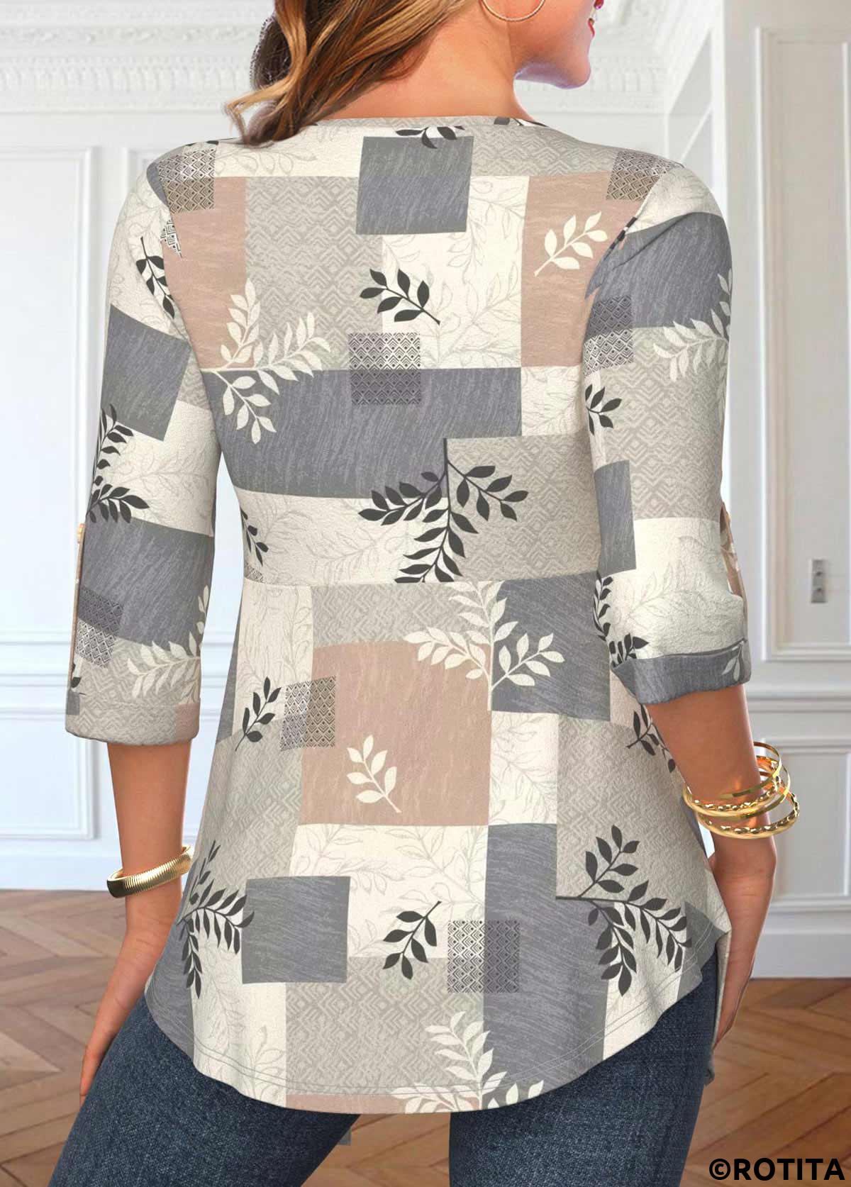 Light Grey tops,Geometric tops,Striped tops,Plaid tops,Plants tops,ROTITA Geometric Print Light Grey Fake Two Piece Twinset