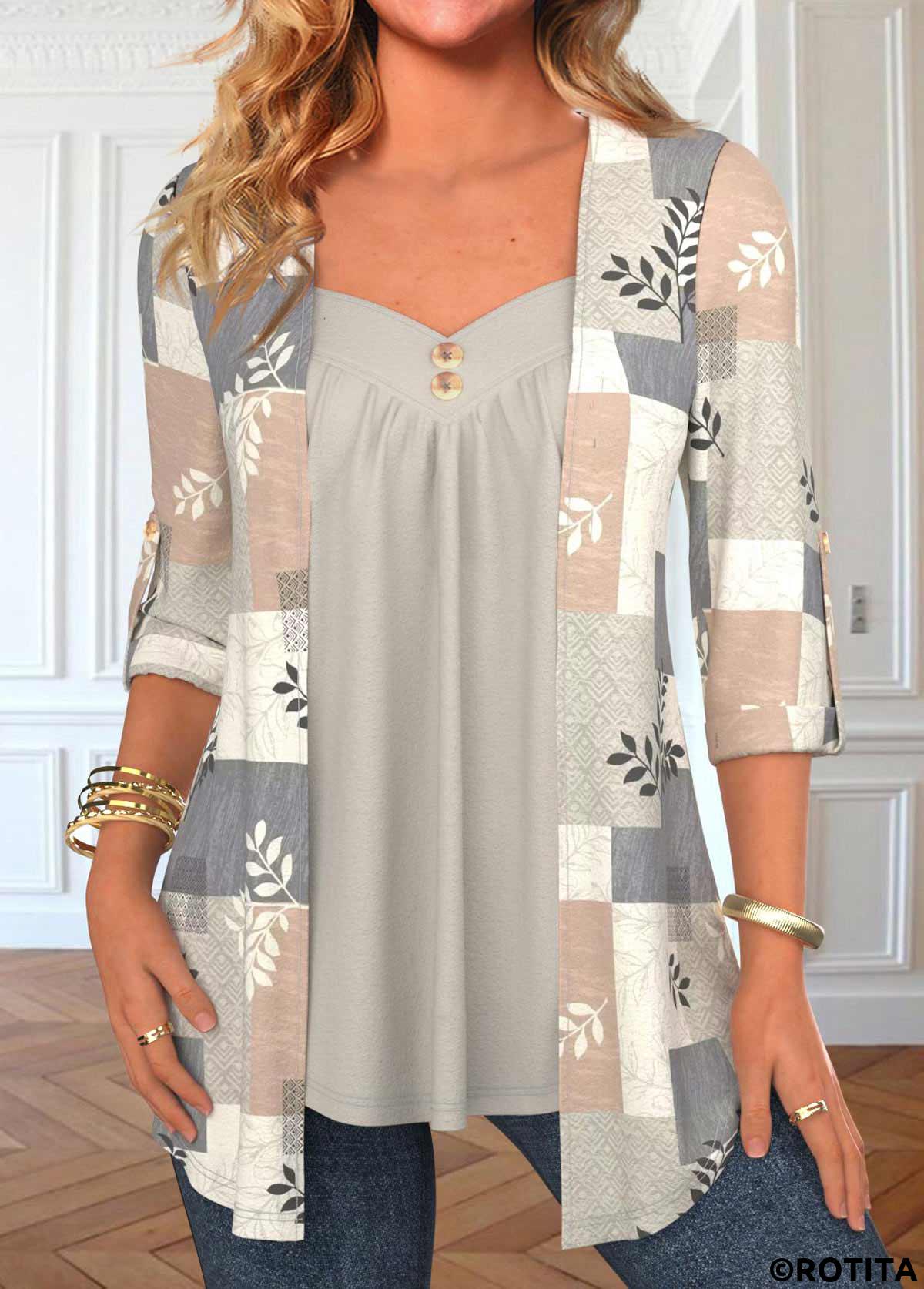 Light Grey tops,Geometric tops,Striped tops,Plaid tops,Plants tops,ROTITA Geometric Print Light Grey Fake Two Piece Twinset