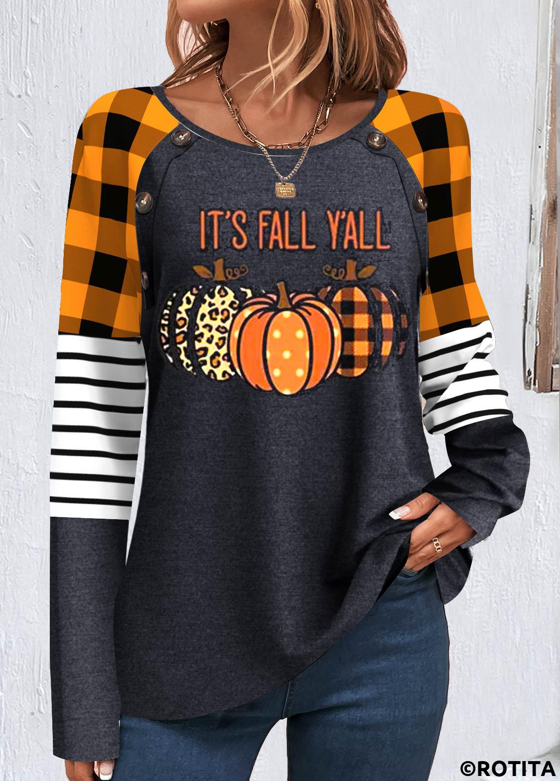 Orange tops,Black tops,Halloween tops,Geometric tops,Striped tops,Plaid tops,ROTITA Patchwork Halloween Print Orange Round Neck Sweatshirt