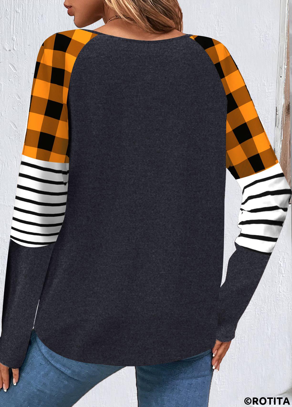Orange tops,Black tops,Halloween tops,Geometric tops,Striped tops,Plaid tops,ROTITA Patchwork Halloween Print Orange Round Neck Sweatshirt