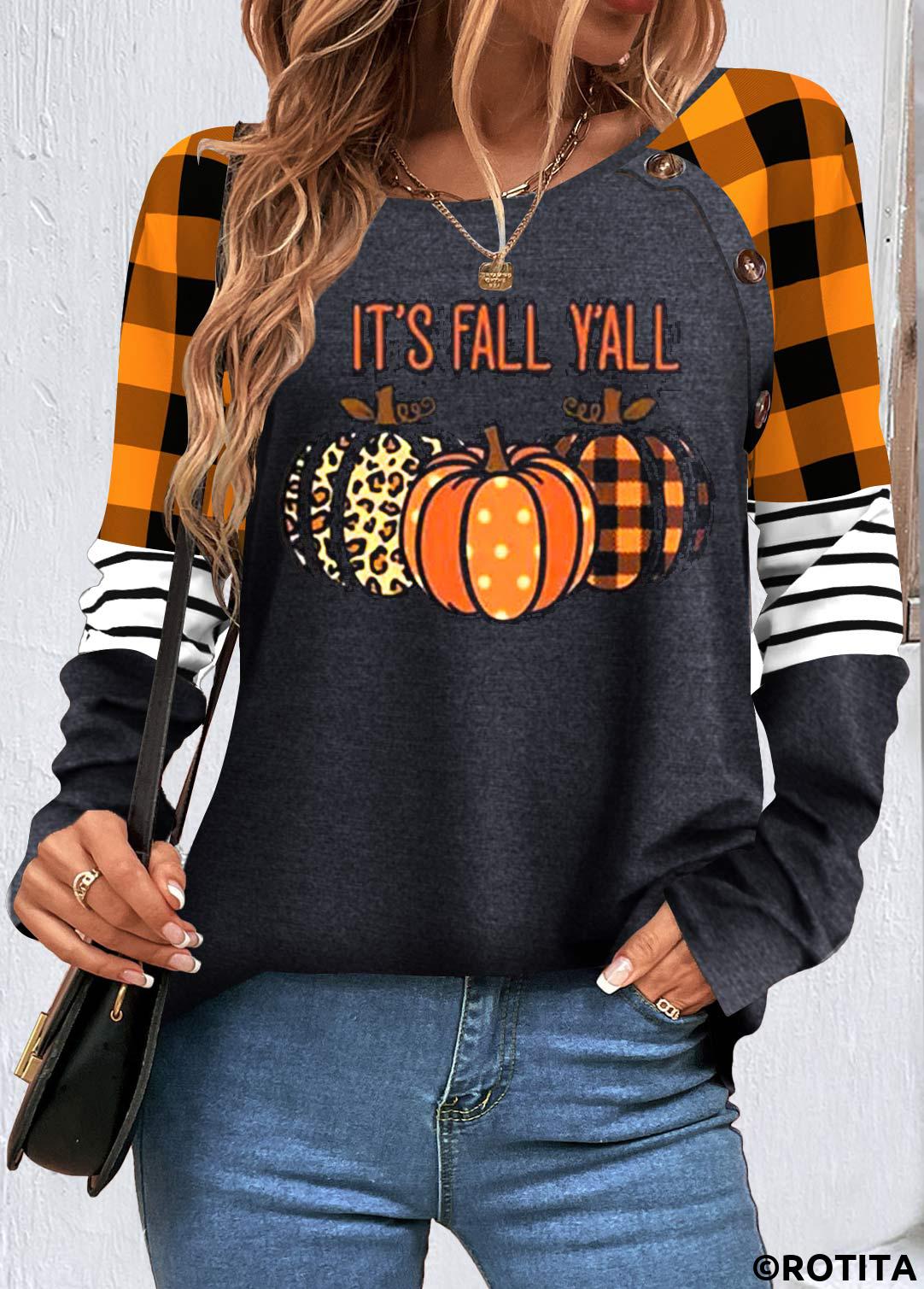 Orange tops,Black tops,Halloween tops,Geometric tops,Striped tops,Plaid tops,ROTITA Patchwork Halloween Print Orange Round Neck Sweatshirt