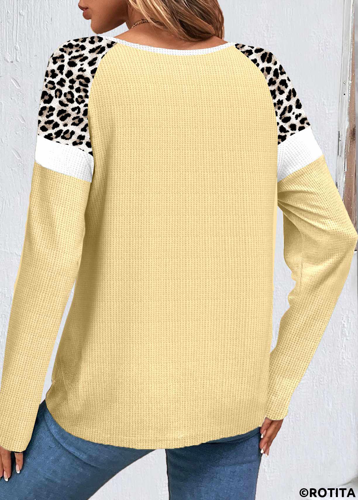 Light Yellow tops,Halloween tops,Leopard tops,Animal Print tops,ROTITA Patchwork Halloween Print Light Yellow Scoop Neck Sweatshirt