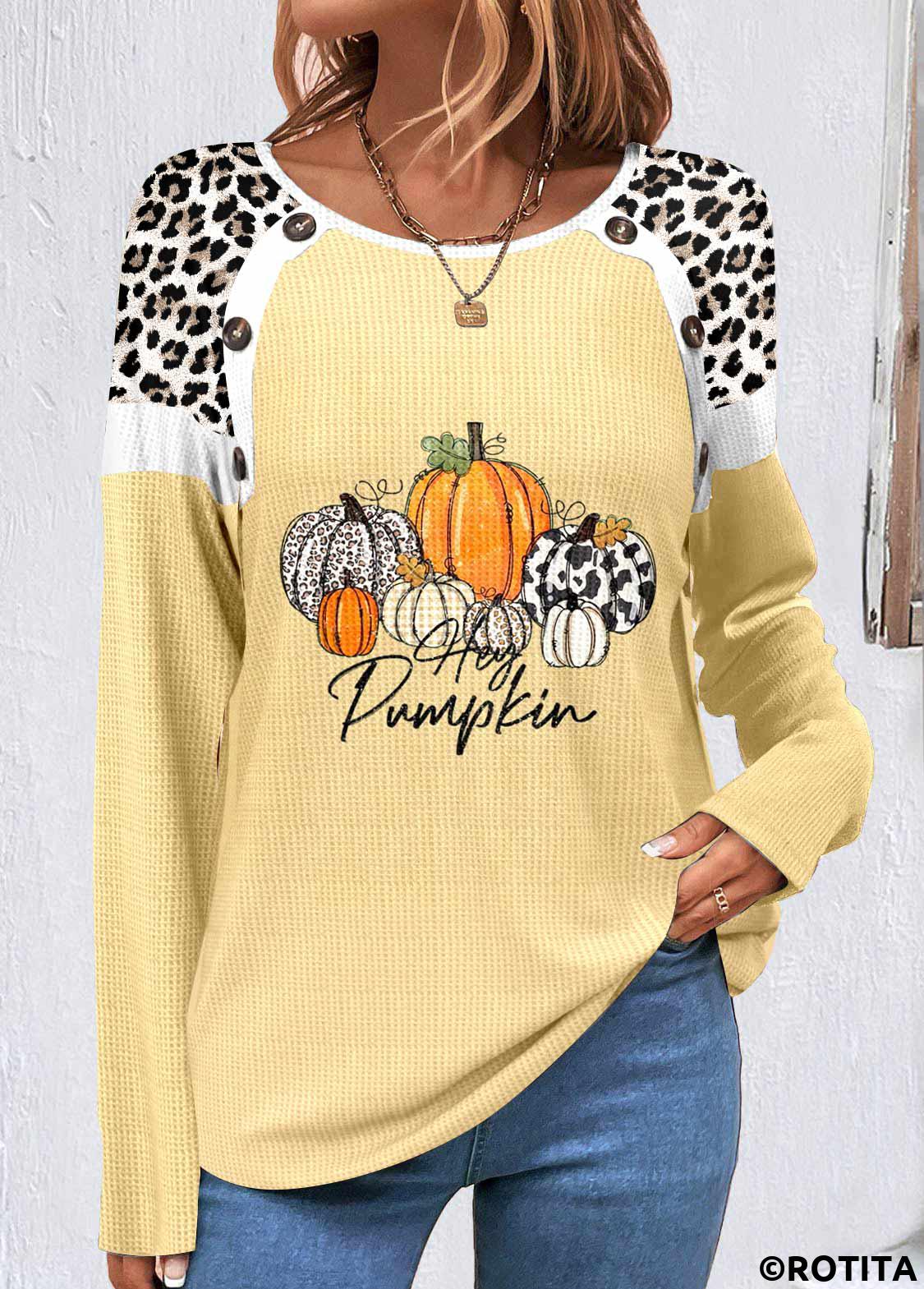 Light Yellow tops,Halloween tops,Leopard tops,Animal Print tops,ROTITA Patchwork Halloween Print Light Yellow Scoop Neck Sweatshirt