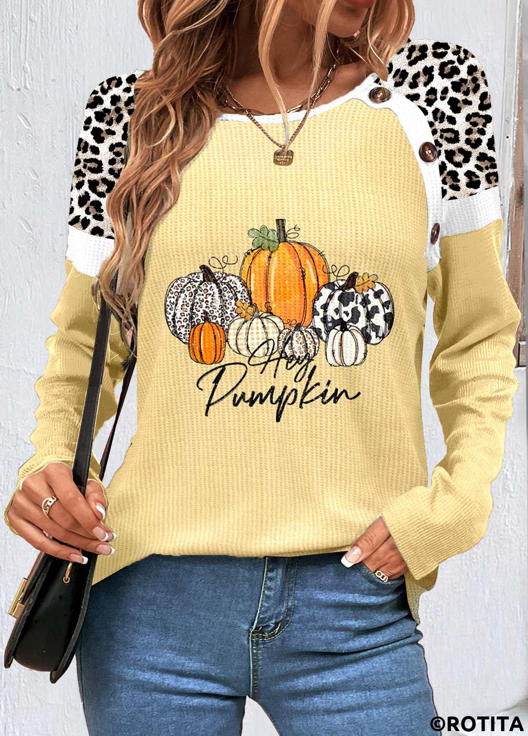 Light Yellow tops,Halloween tops,Leopard tops,Animal Print tops,ROTITA Patchwork Halloween Print Light Yellow Scoop Neck Sweatshirt