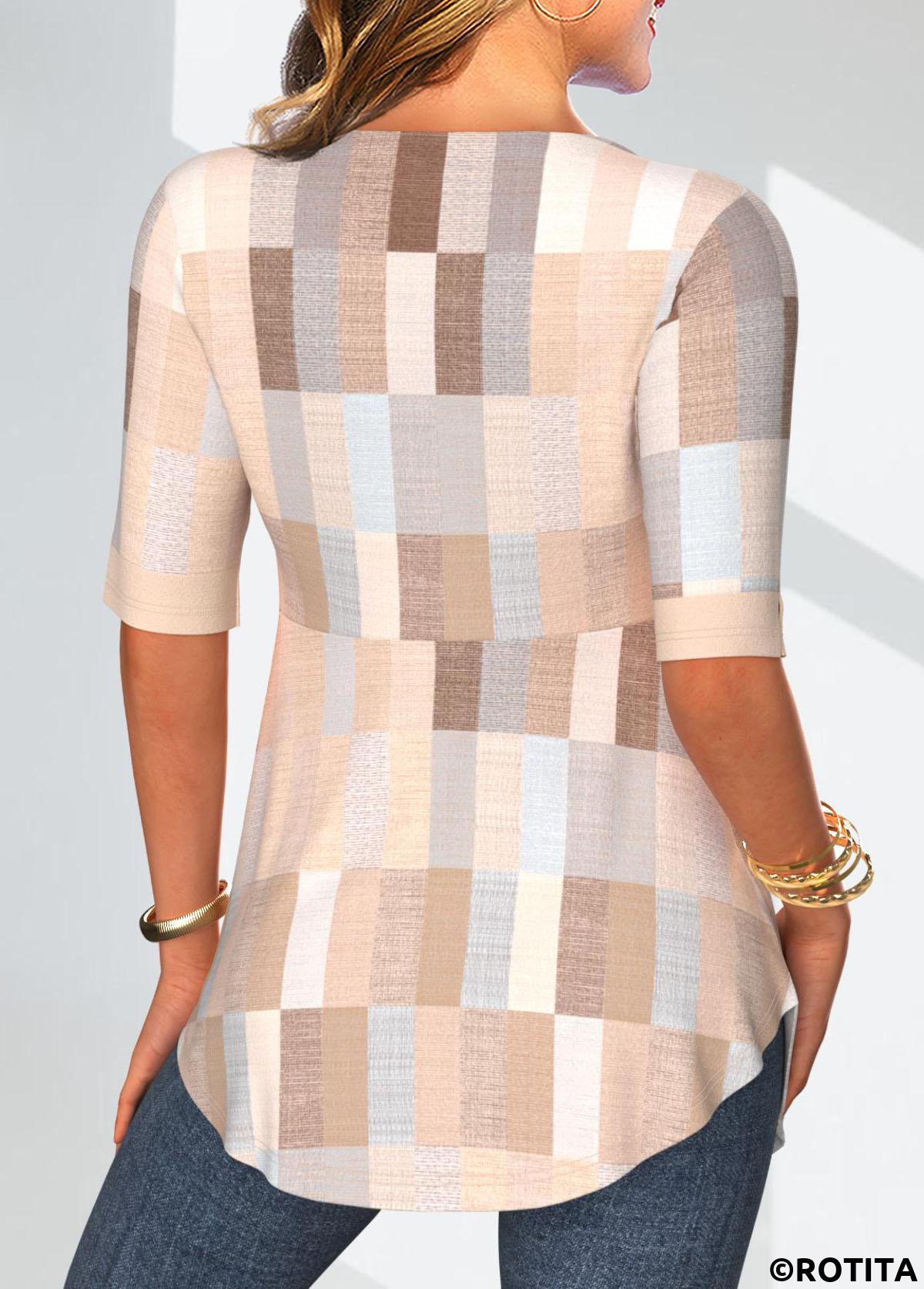 Beige tops,Geometric tops,Plaid tops,ROTITA Plus Size Beige Geometric Print Fake Two Piece Twinset
