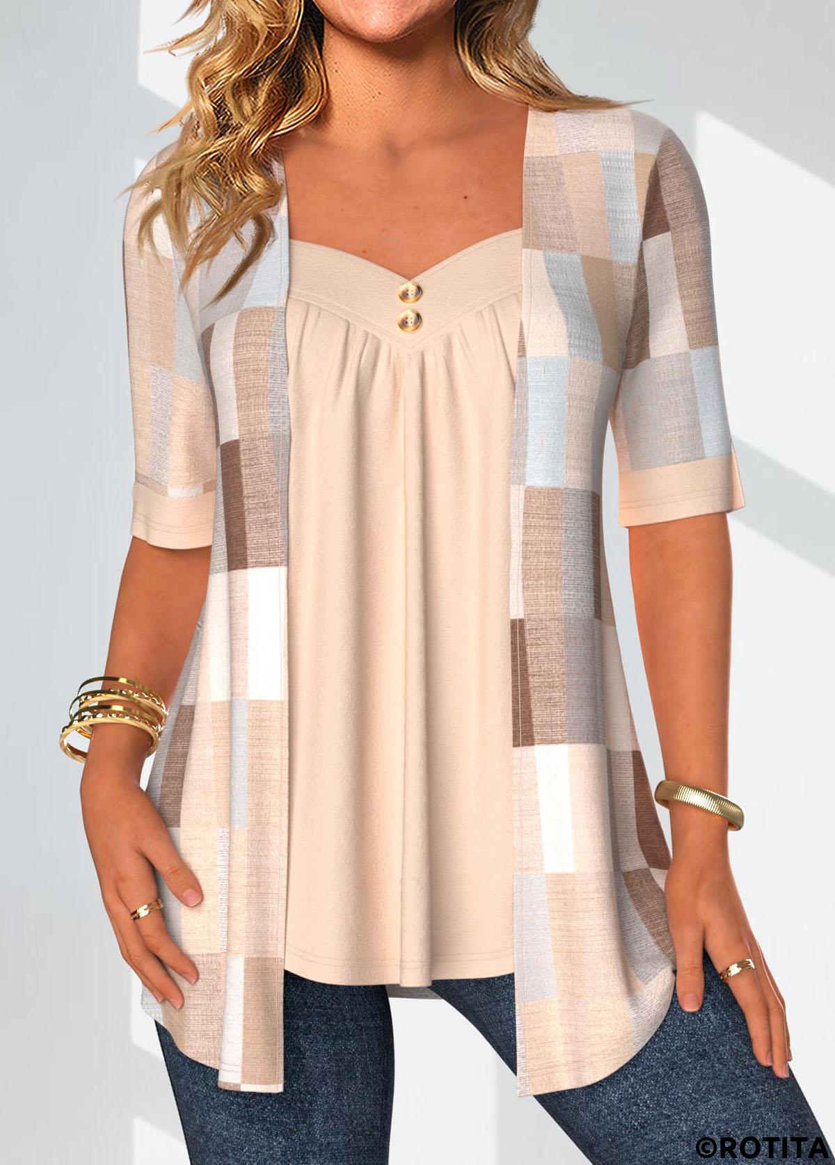 Beige tops,Geometric tops,Plaid tops,ROTITA Plus Size Beige Geometric Print Fake Two Piece Twinset