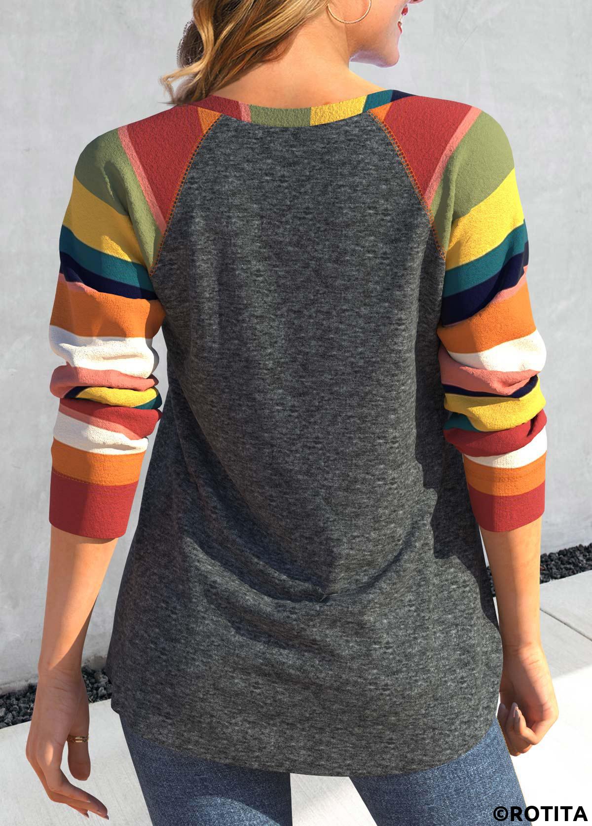 Multi Color tops,Rainbow Color tops,Striped tops,Plaid tops,Leopard tops,Halloween tops,ROTITA Halloween Patchwork Multi Stripe Print Round Neck T Shirt