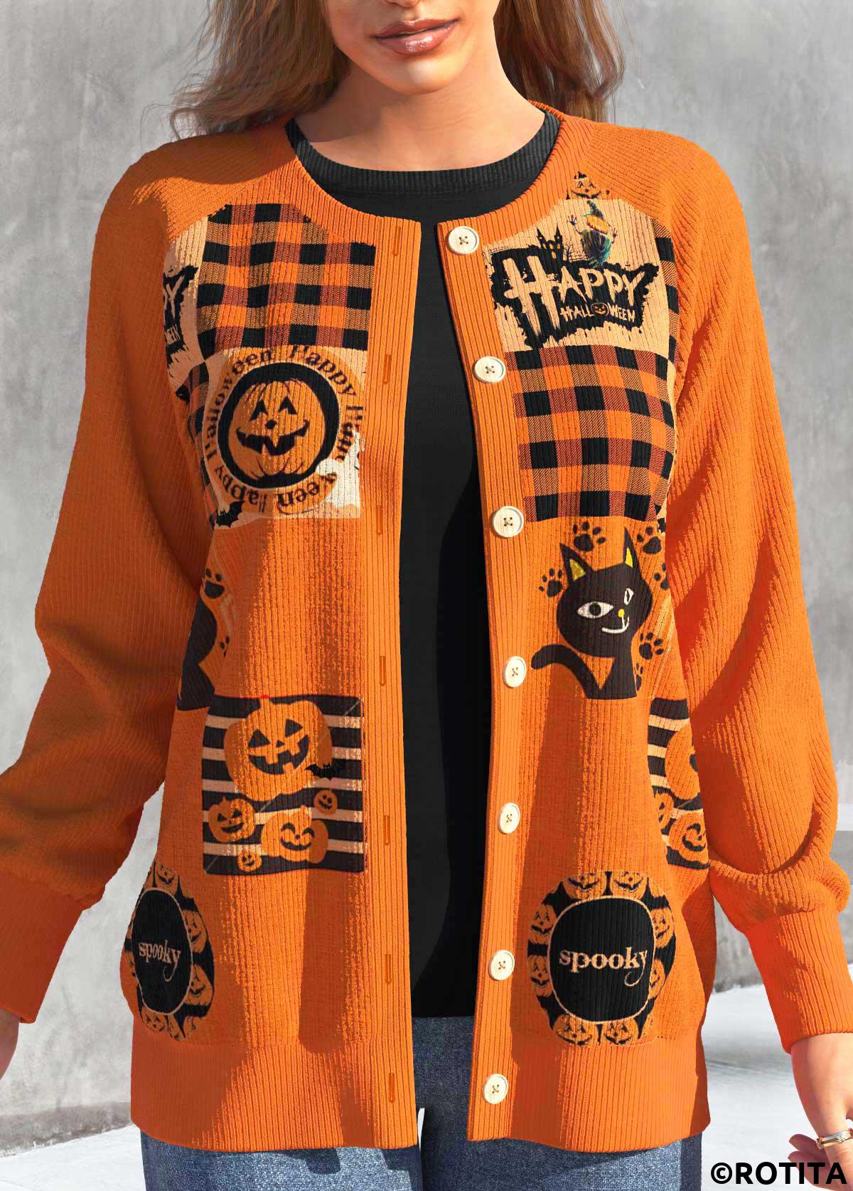 Orange tops,Halloween tops,Plaid tops,Geometric tops,Animal Print tops,ROTITA Button Halloween Print Orange Round Neck Coat