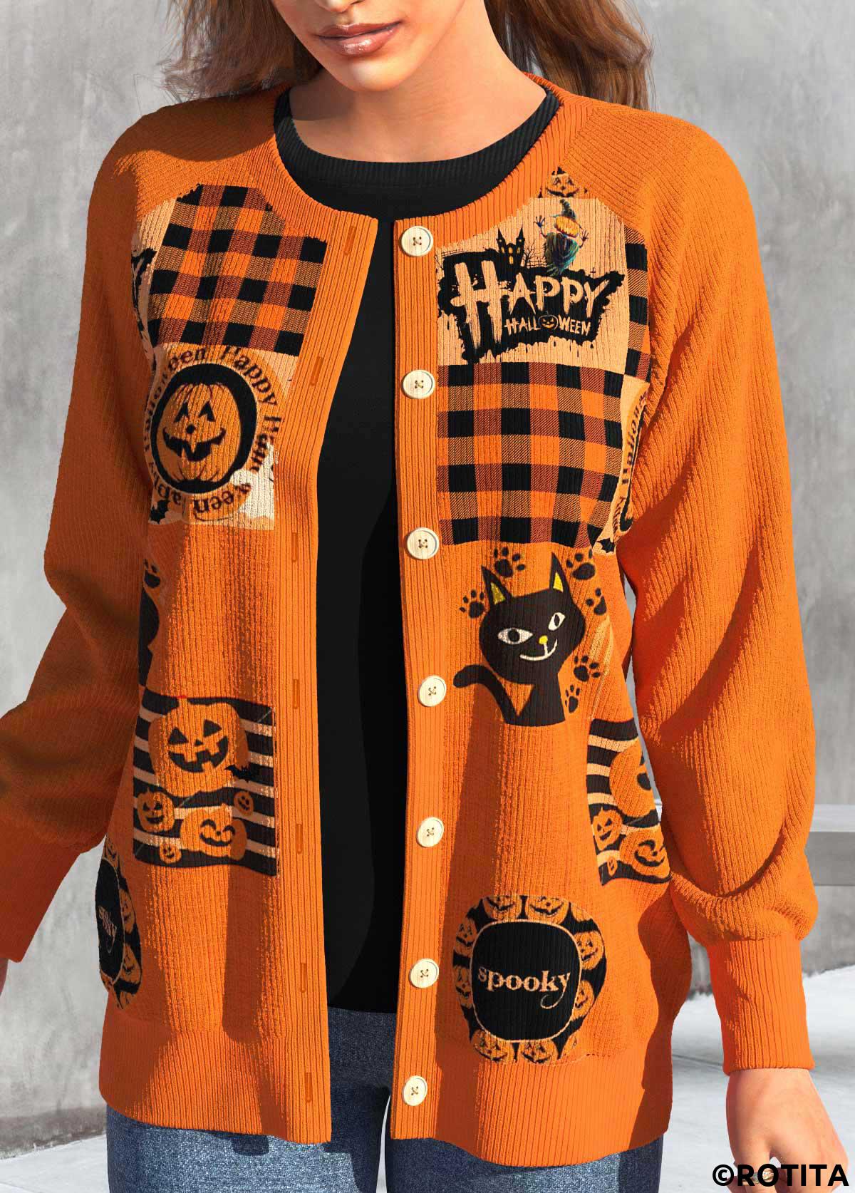 Orange tops,Halloween tops,Plaid tops,Geometric tops,Animal Print tops,ROTITA Button Halloween Print Orange Round Neck Coat