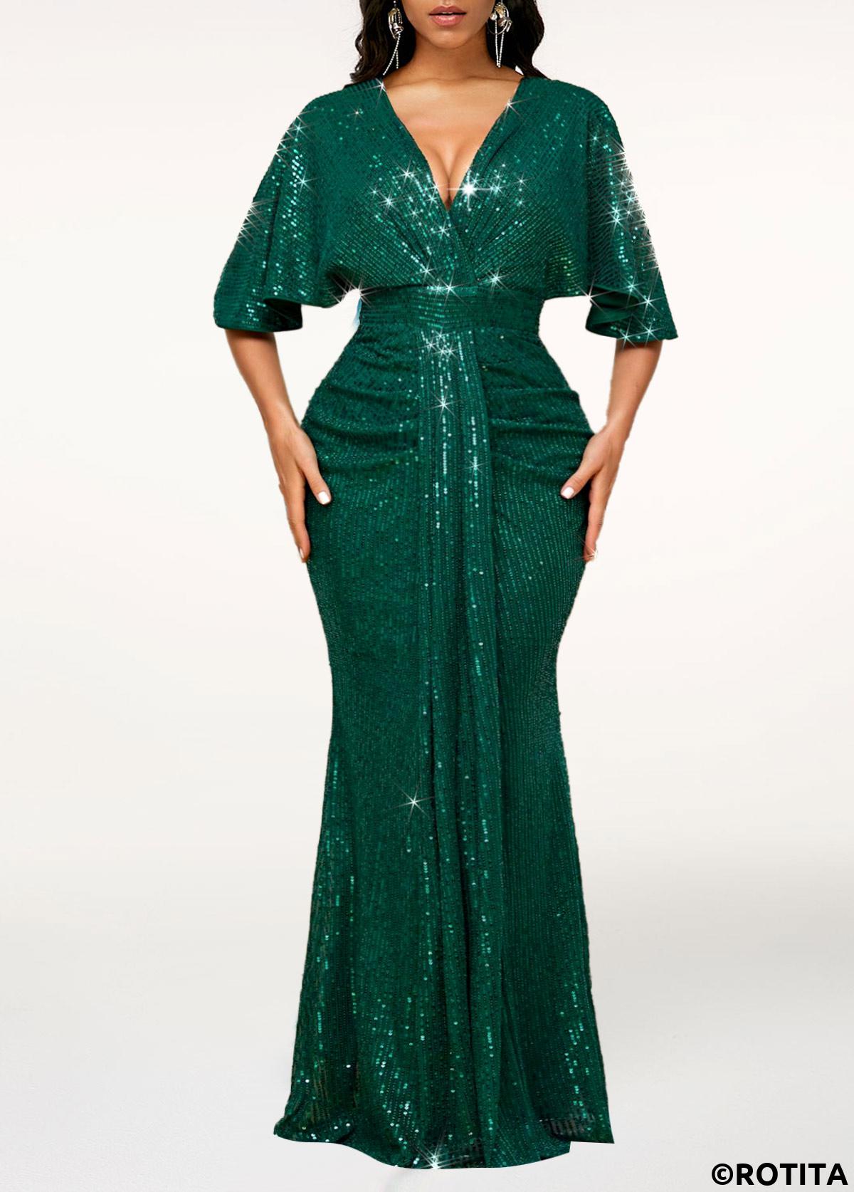 Blackish Green dresses,Plain Color dresses,Party dresses,Elegant dresses,ROTITA Sequin Blackish Green V Neck Maxi Bodycon Dress