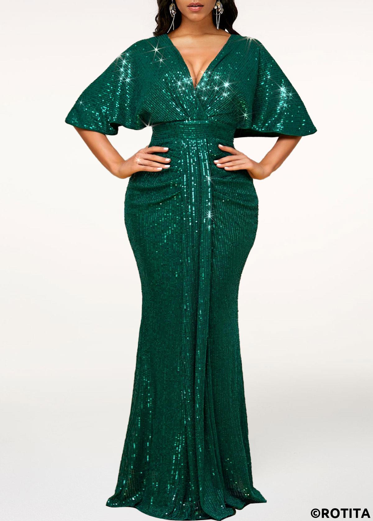 Blackish Green dresses,Plain Color dresses,Party dresses,Elegant dresses,ROTITA Sequin Blackish Green V Neck Maxi Bodycon Dress