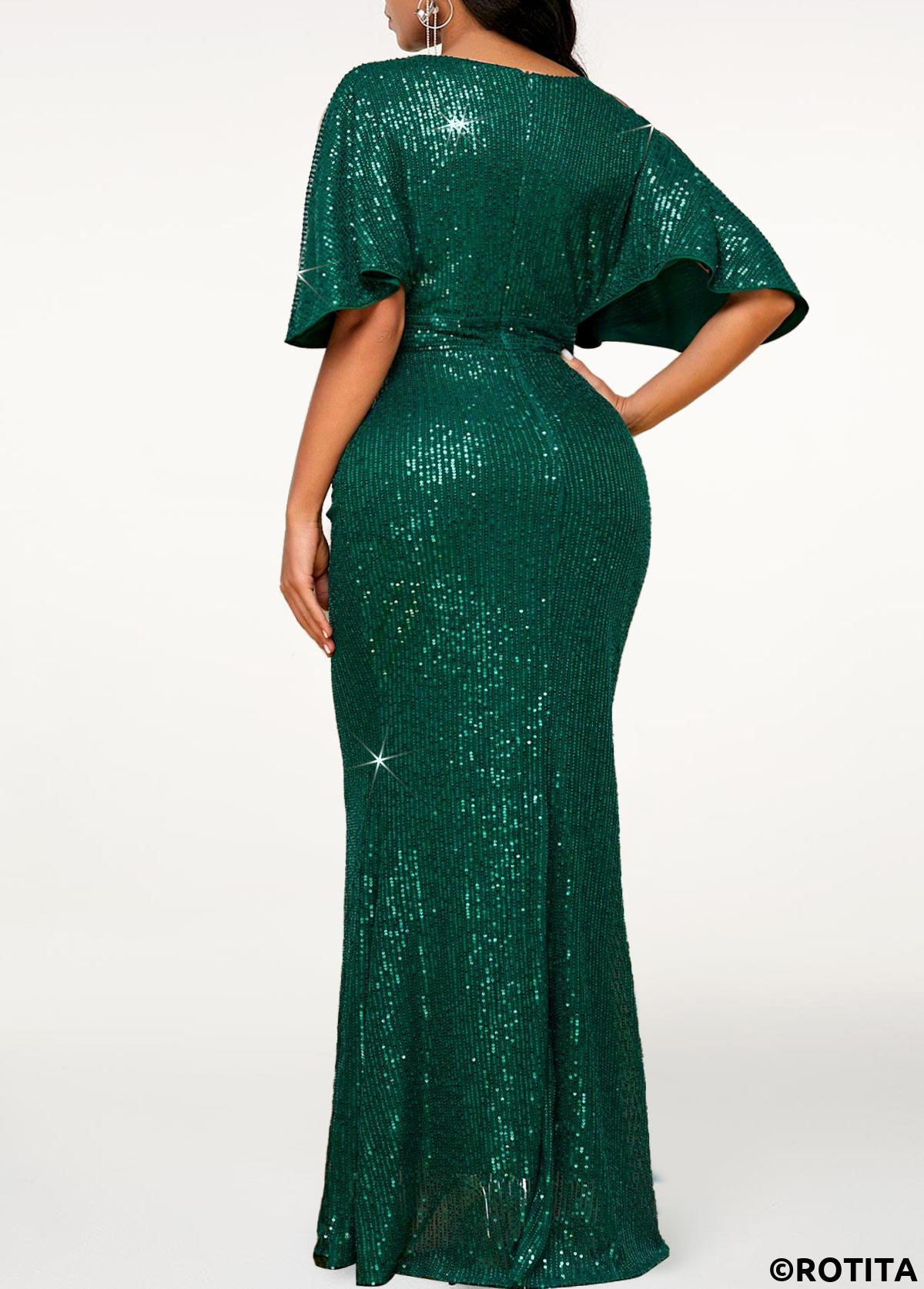 Blackish Green dresses,Plain Color dresses,Party dresses,Elegant dresses,ROTITA Sequin Blackish Green V Neck Maxi Bodycon Dress