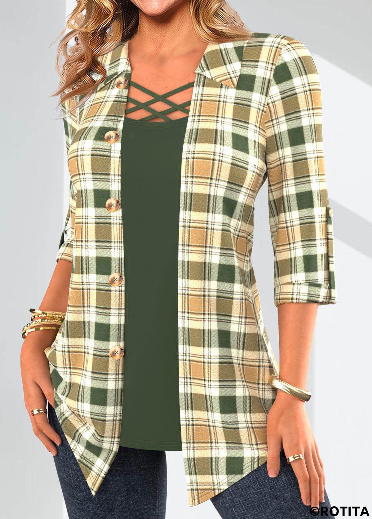 Sage Green tops,Light Camel tops,Plaid tops,Striped tops,ROTITA Fake 2in1 Plaid Sage Green Shirt Collar Blouse