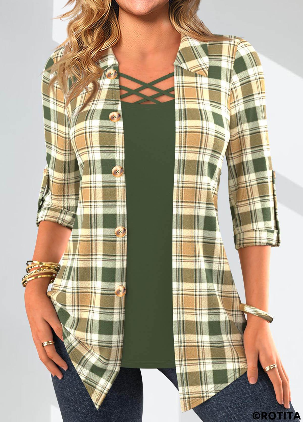 Sage Green tops,Light Camel tops,Plaid tops,Striped tops,ROTITA Fake 2in1 Plaid Sage Green Shirt Collar Blouse