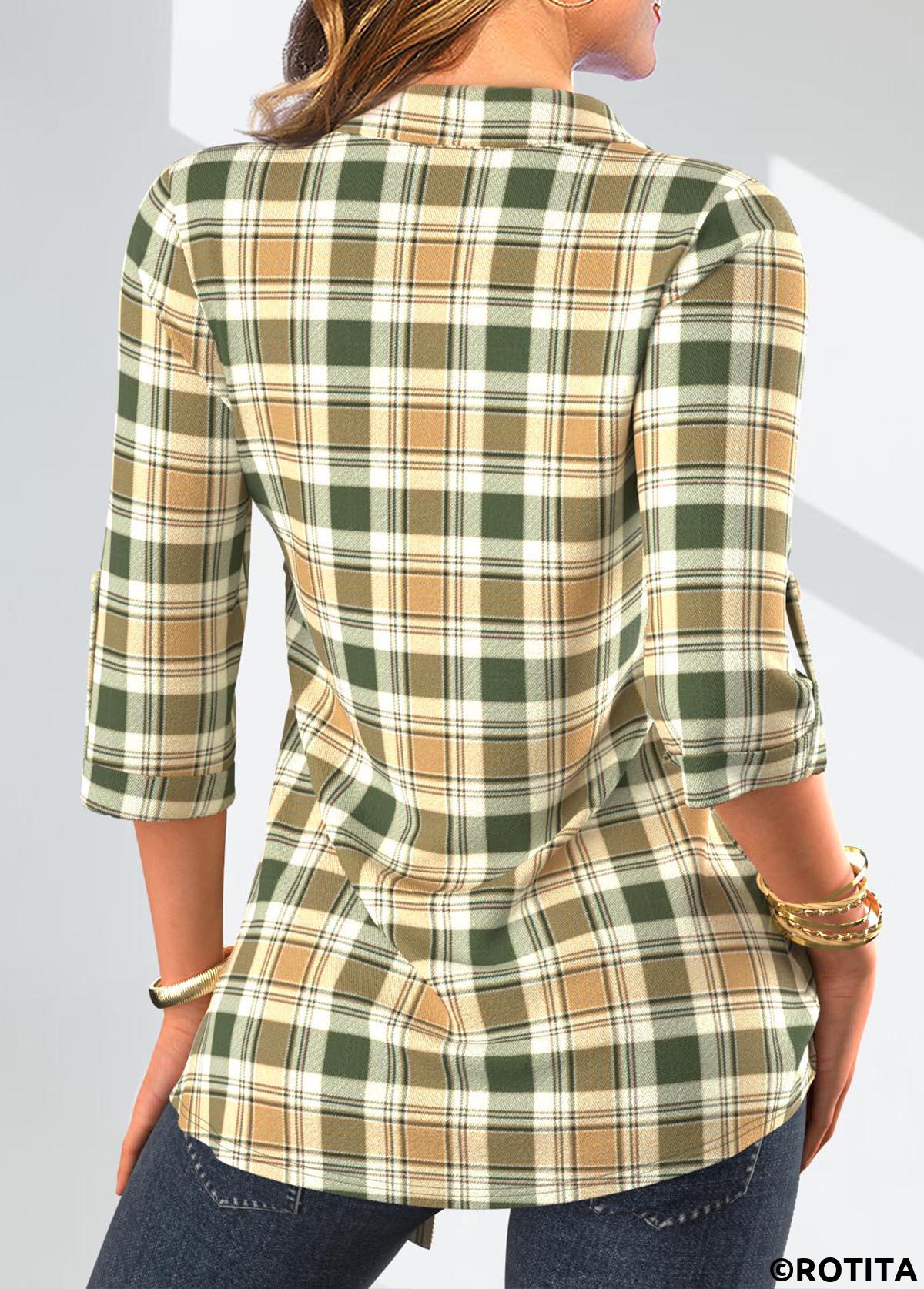 Sage Green tops,Light Camel tops,Plaid tops,Striped tops,ROTITA Fake 2in1 Plaid Sage Green Shirt Collar Blouse