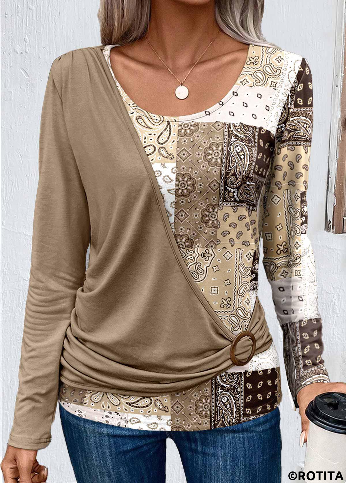 Light Camel plus size,Tribal plus size,Geometric plus size,ROTITA Plus Size Asymmetry Light Camel Patchwork T Shirt