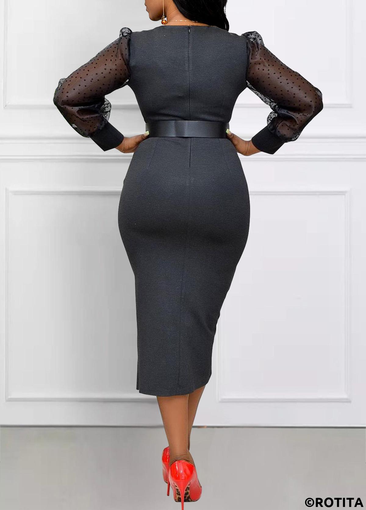 Black dresses,Plain Color dresses,Party dresses,Elegant dresses,ROTITA Patchwork Black Round Neck Long Sleeve Bodycon Dress