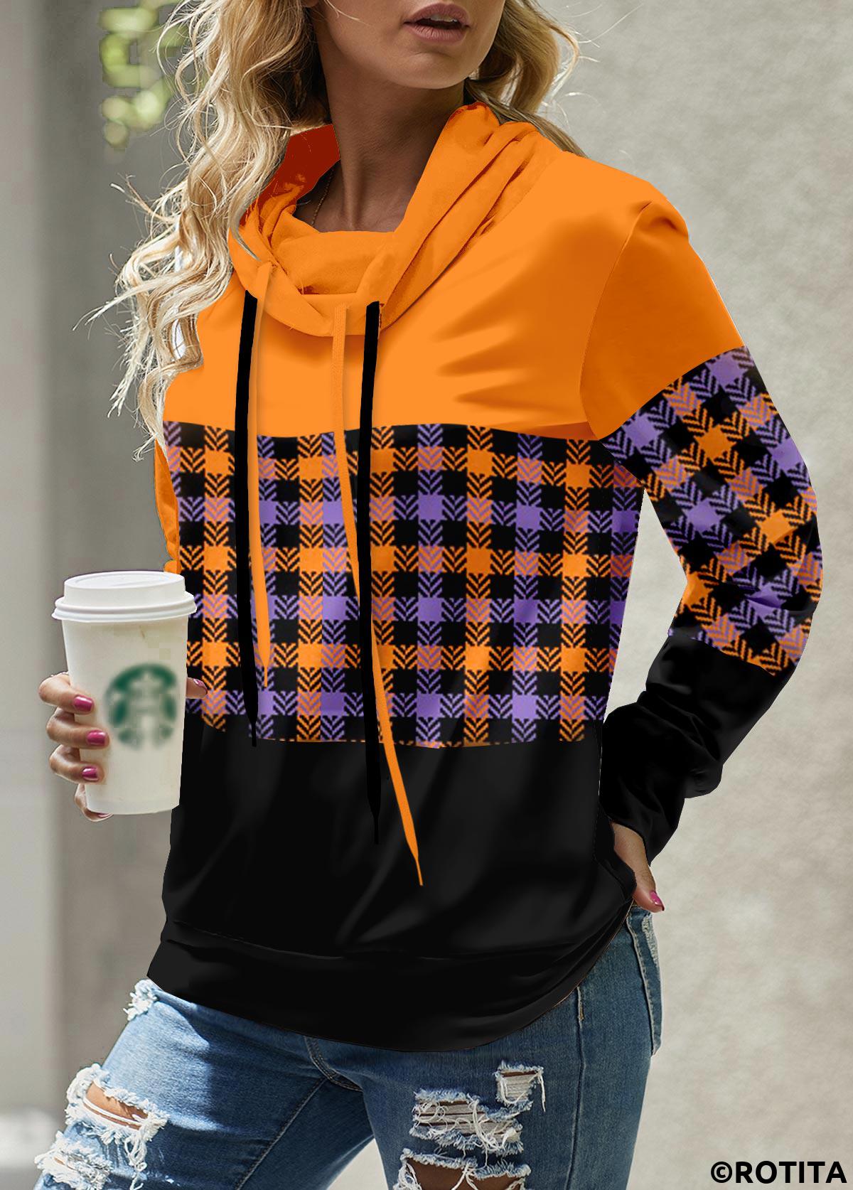 Orange tops,Plaid tops,Geometric tops,Striped tops,Halloween tops,ROTITA Patchwork Plaid Orange Cowl Neck Long Sleeve Sweatshirt