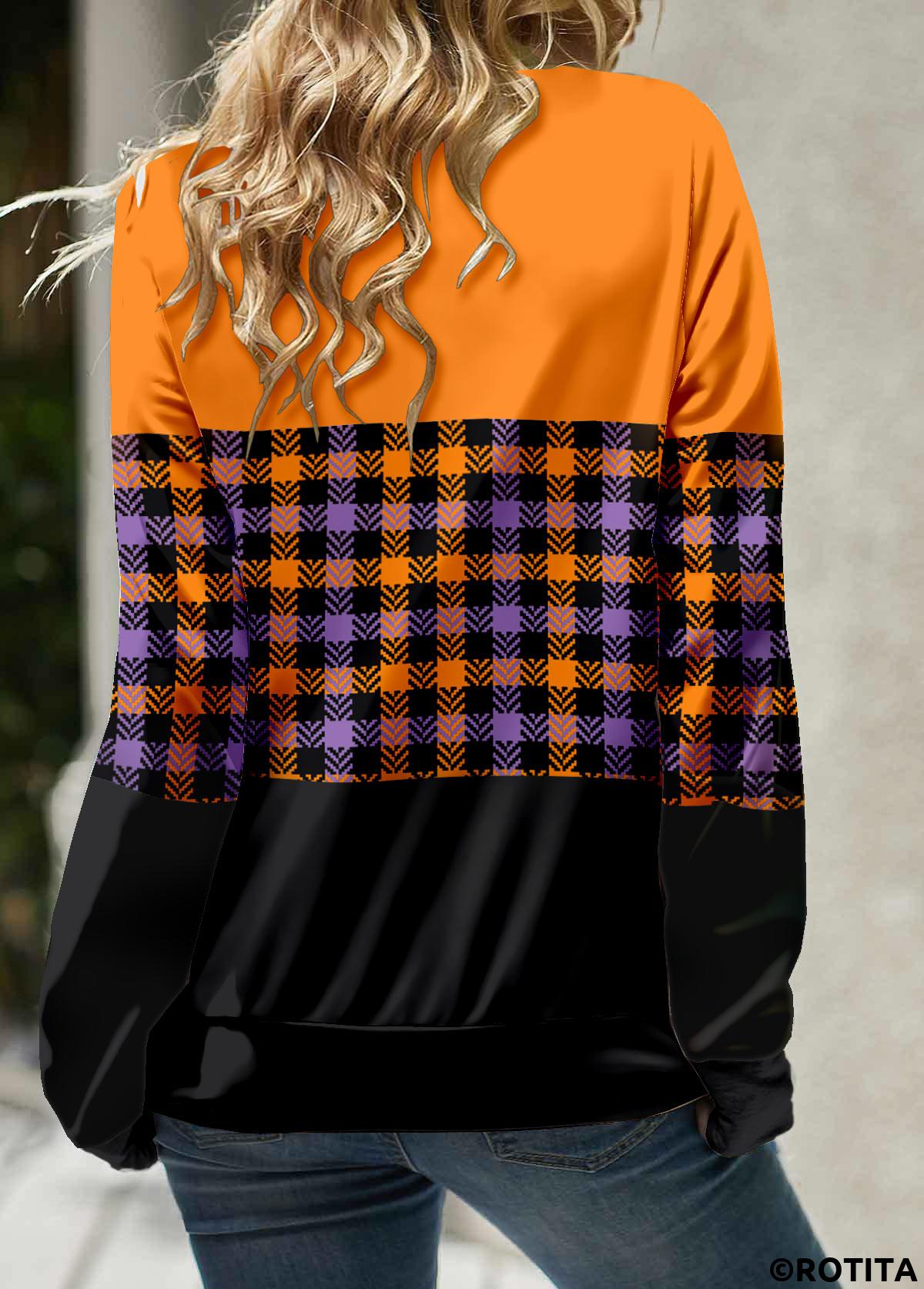 Orange tops,Plaid tops,Geometric tops,Striped tops,Halloween tops,ROTITA Patchwork Plaid Orange Cowl Neck Long Sleeve Sweatshirt