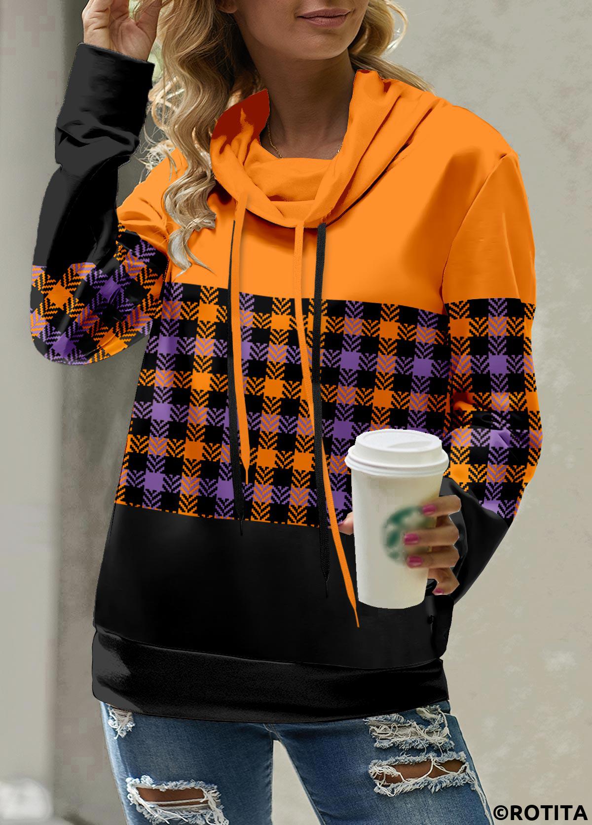 Orange tops,Plaid tops,Geometric tops,Striped tops,Halloween tops,ROTITA Patchwork Plaid Orange Cowl Neck Long Sleeve Sweatshirt