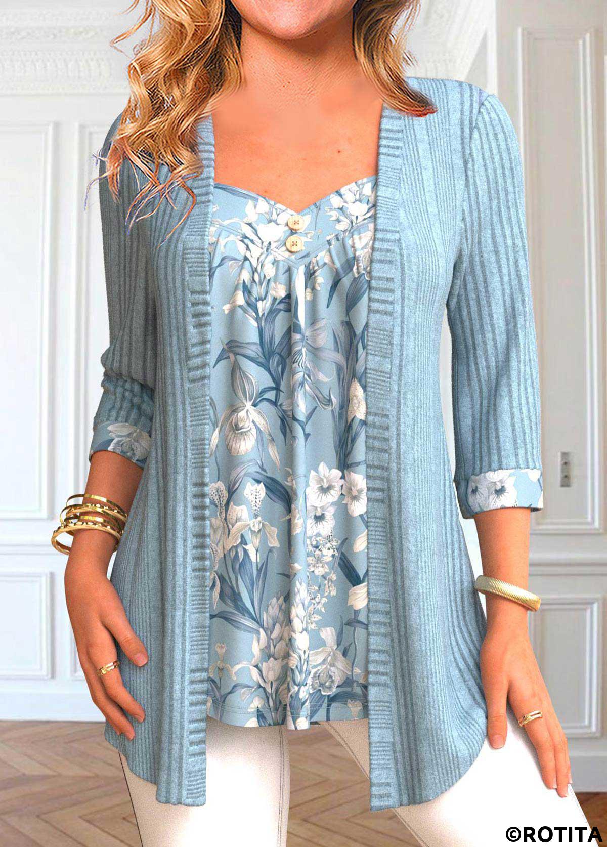 rotita patchwork imprimé floral bleu poudré faux twinset deux pièces