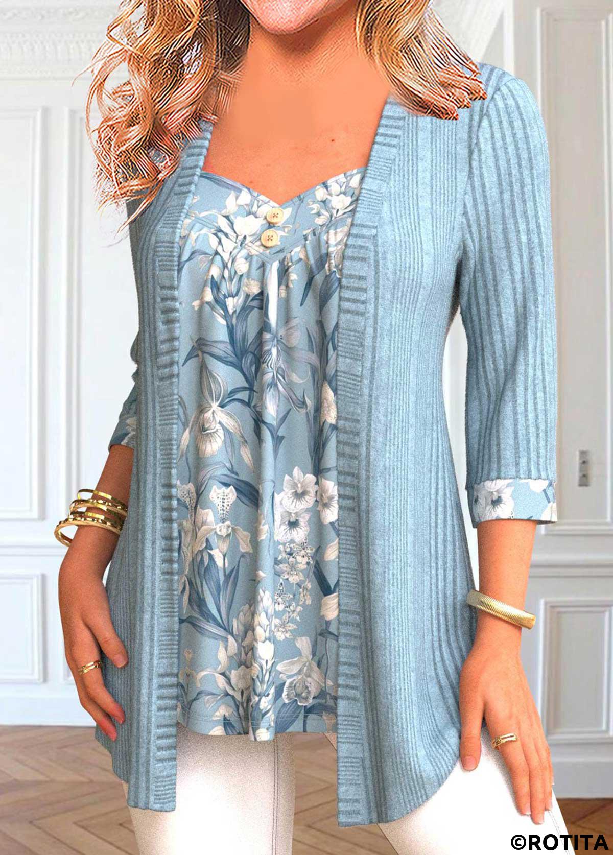rotita patchwork imprimé floral bleu poudré faux twinset deux pièces