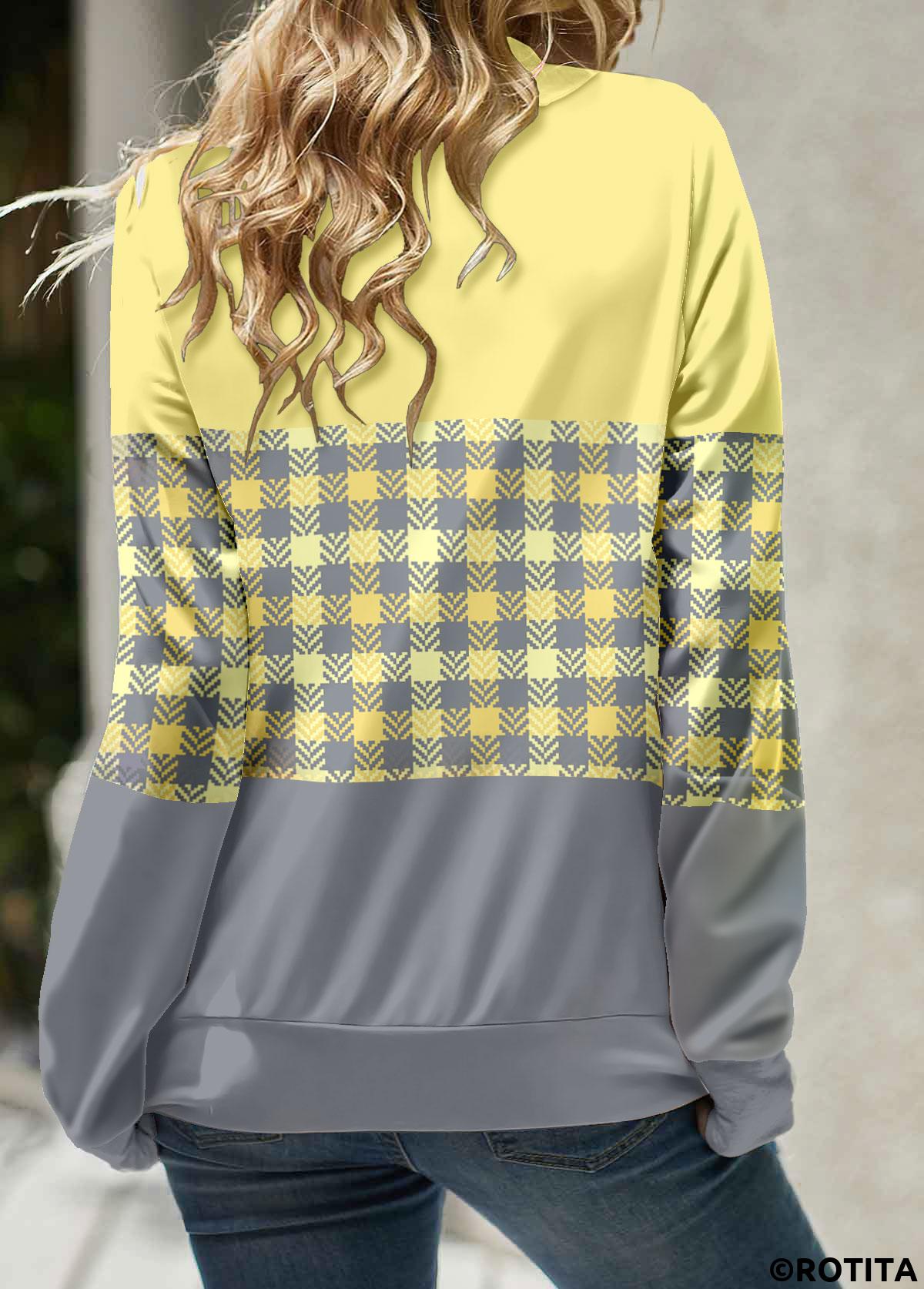 Light Yellow tops,Grey tops,Plaid tops,Striped tops,Geometric tops,ROTITA Patchwork Plaid Light Yellow Cowl Neck Sweatshirt