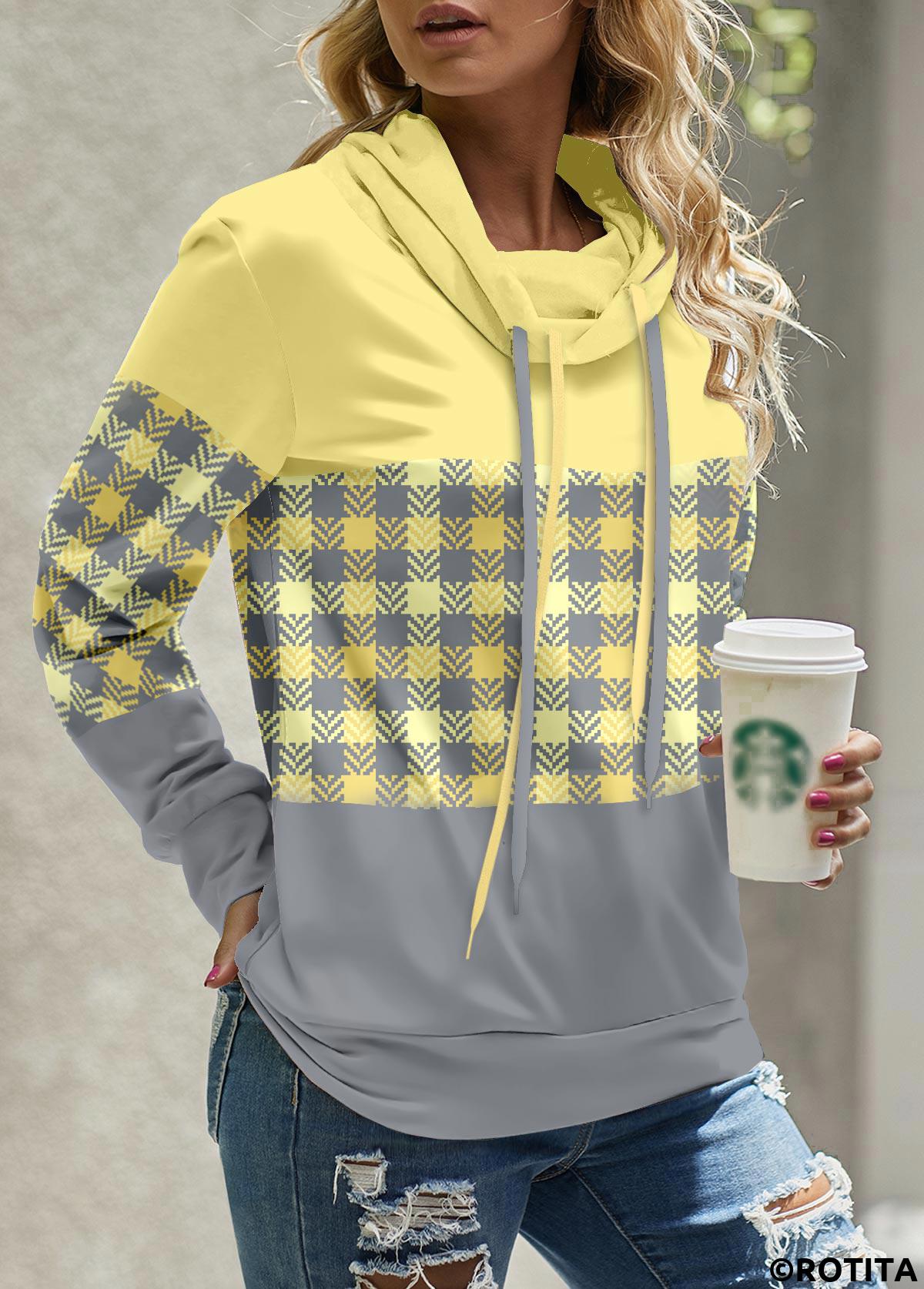 Light Yellow tops,Grey tops,Plaid tops,Striped tops,Geometric tops,ROTITA Patchwork Plaid Light Yellow Cowl Neck Sweatshirt