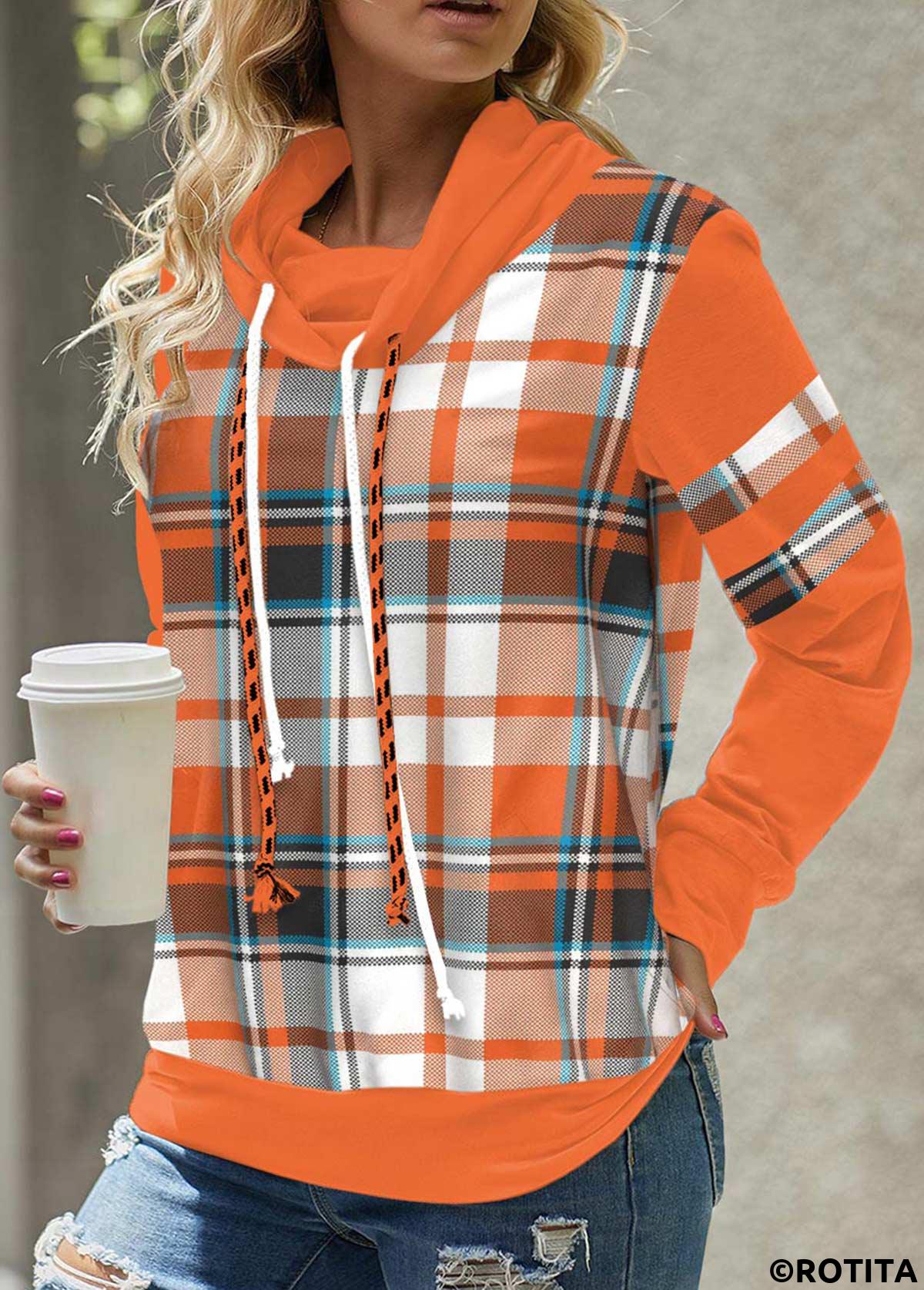 Orange tops,Plaid tops,Striped tops,Geometric tops,ROTITA Patchwork Plaid Orange Cowl Neck Long Sleeve Sweatshirt