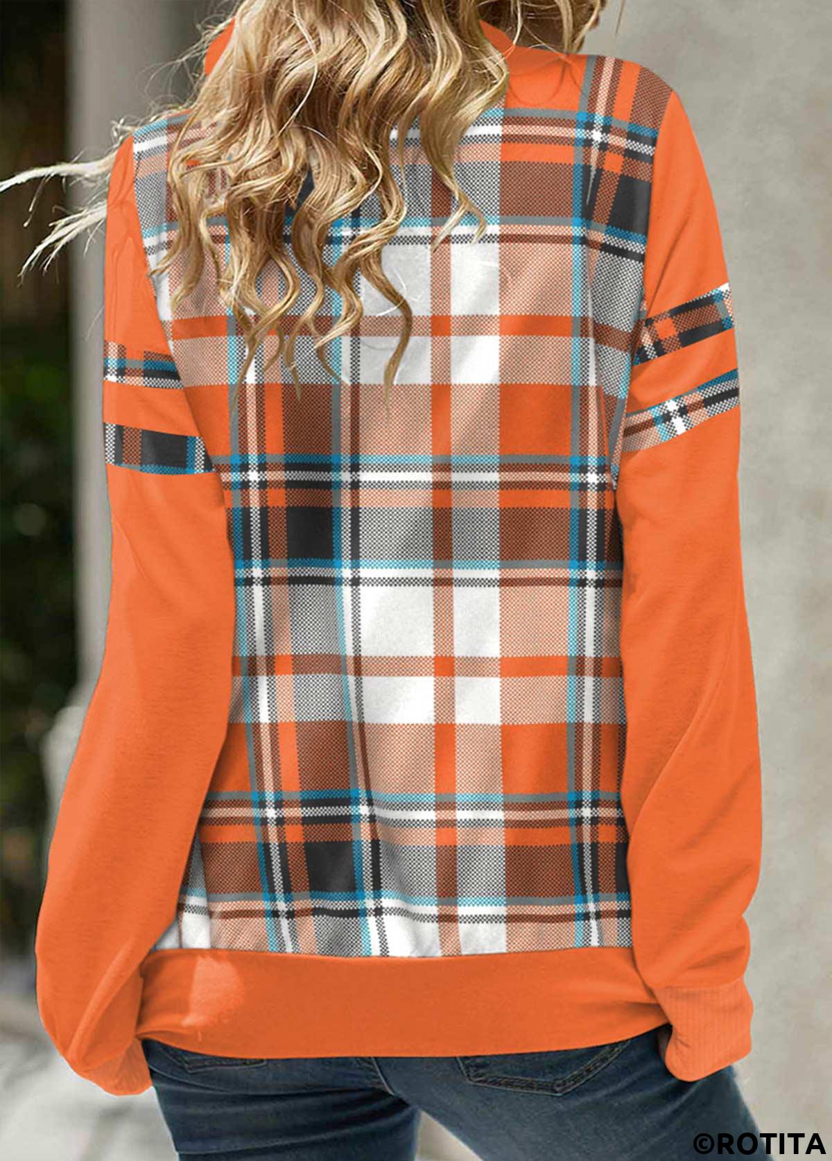 Orange tops,Plaid tops,Striped tops,Geometric tops,ROTITA Patchwork Plaid Orange Cowl Neck Long Sleeve Sweatshirt