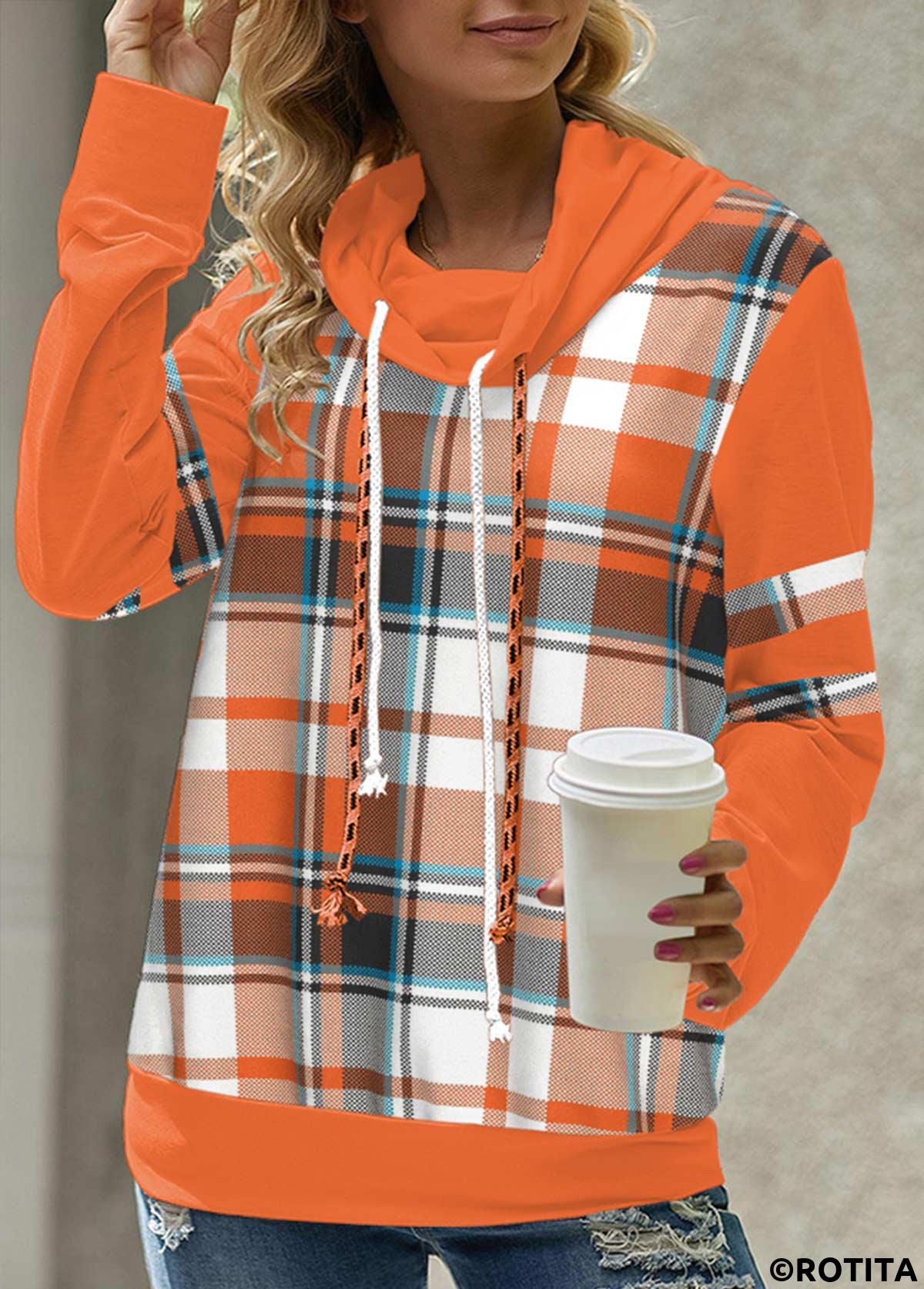 Orange tops,Plaid tops,Striped tops,Geometric tops,ROTITA Patchwork Plaid Orange Cowl Neck Long Sleeve Sweatshirt