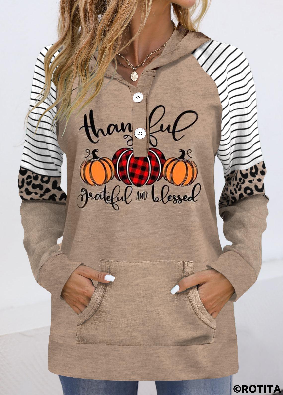 Light Coffee tops,Halloween tops,Striped tops,Geometric tops,Leopard tops,ROTITA Patchwork Halloween Print Light Coffee Long Sleeve Hoodie